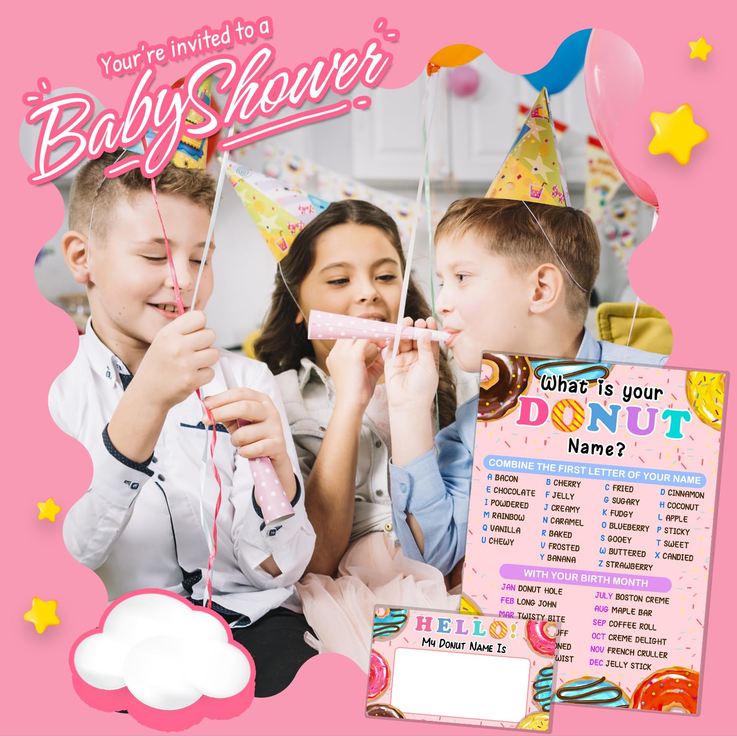 Donut Name Game Set - 30 Fun Activity Cards & Party Sign for Girls Birthday, Wedding, Anniversary | Perfect for Holiday Celebrations & Kids' Party Games