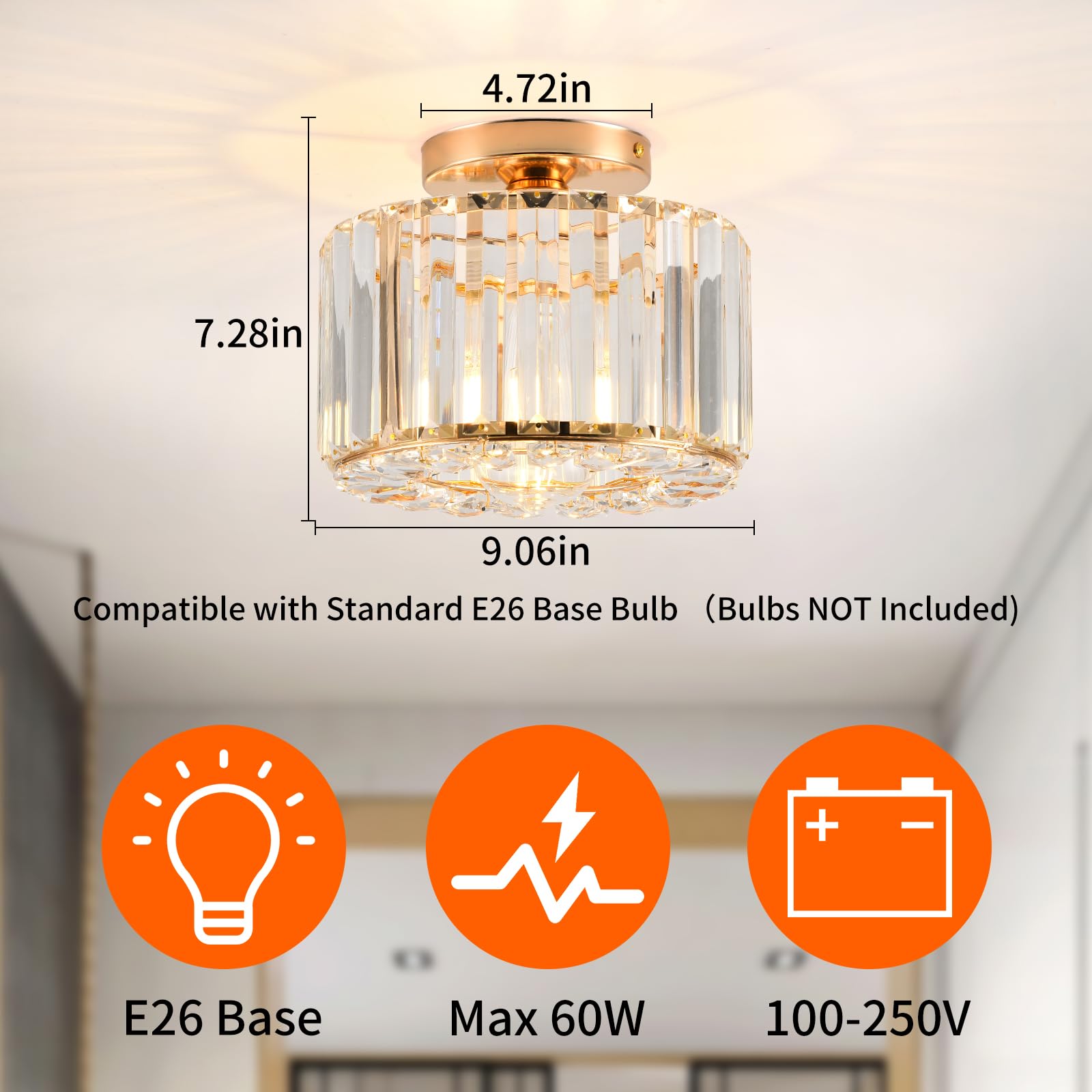 Crystal Ceiling Light Fixture - Gold Semi Flush Mount Chandelier with Crystal Accents for Bedroom, Kitchen, Hallway, Dining Room & Living Room | Elegant Lighting for Home Decor, Entryway & Bar Areas
