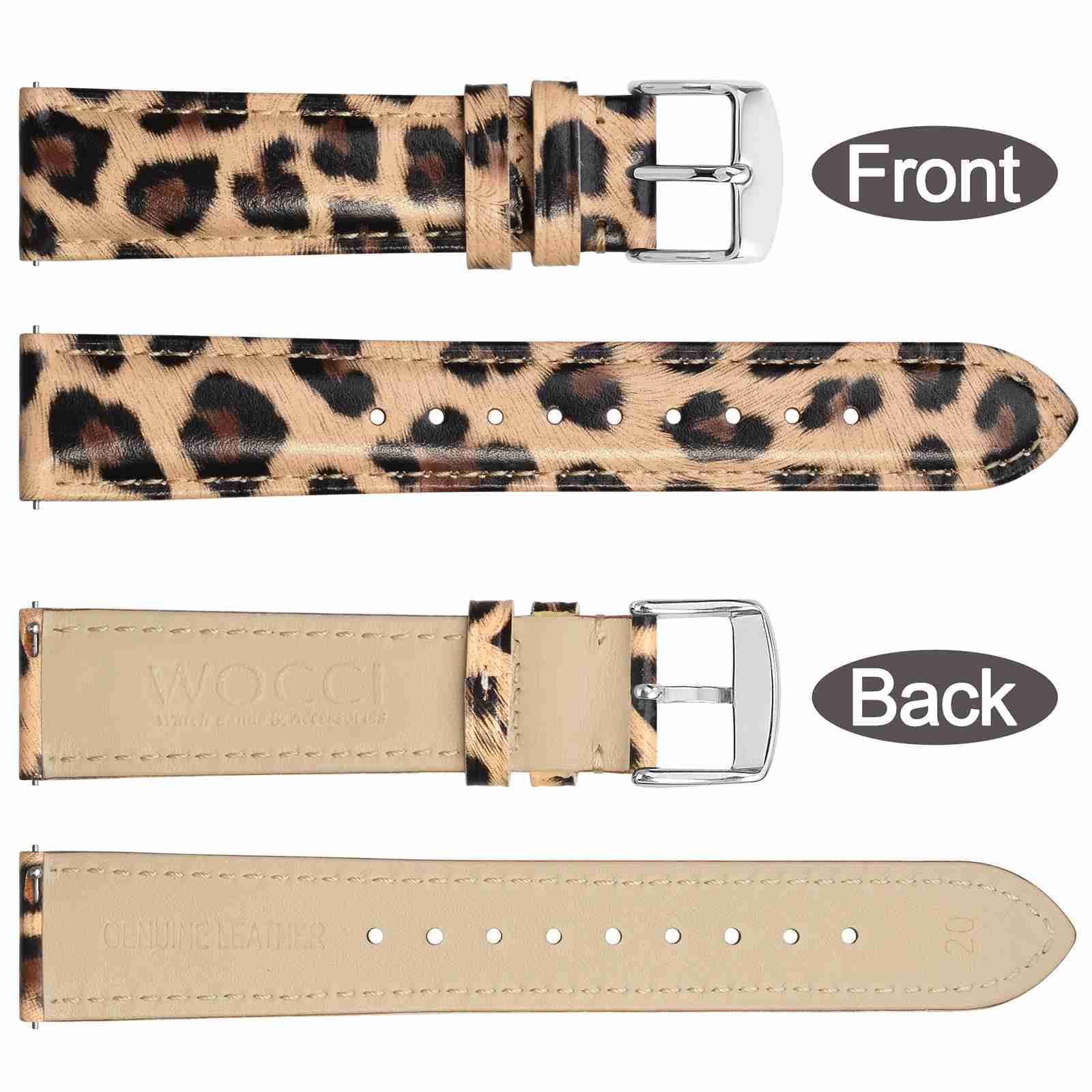WOCCI 20mm Genuine Leather Flower Watch Band for Women - Quick Release Strap with Silver Buckle (Leopard Print) - Perfect for Casual Wear, Office & Special Occasions