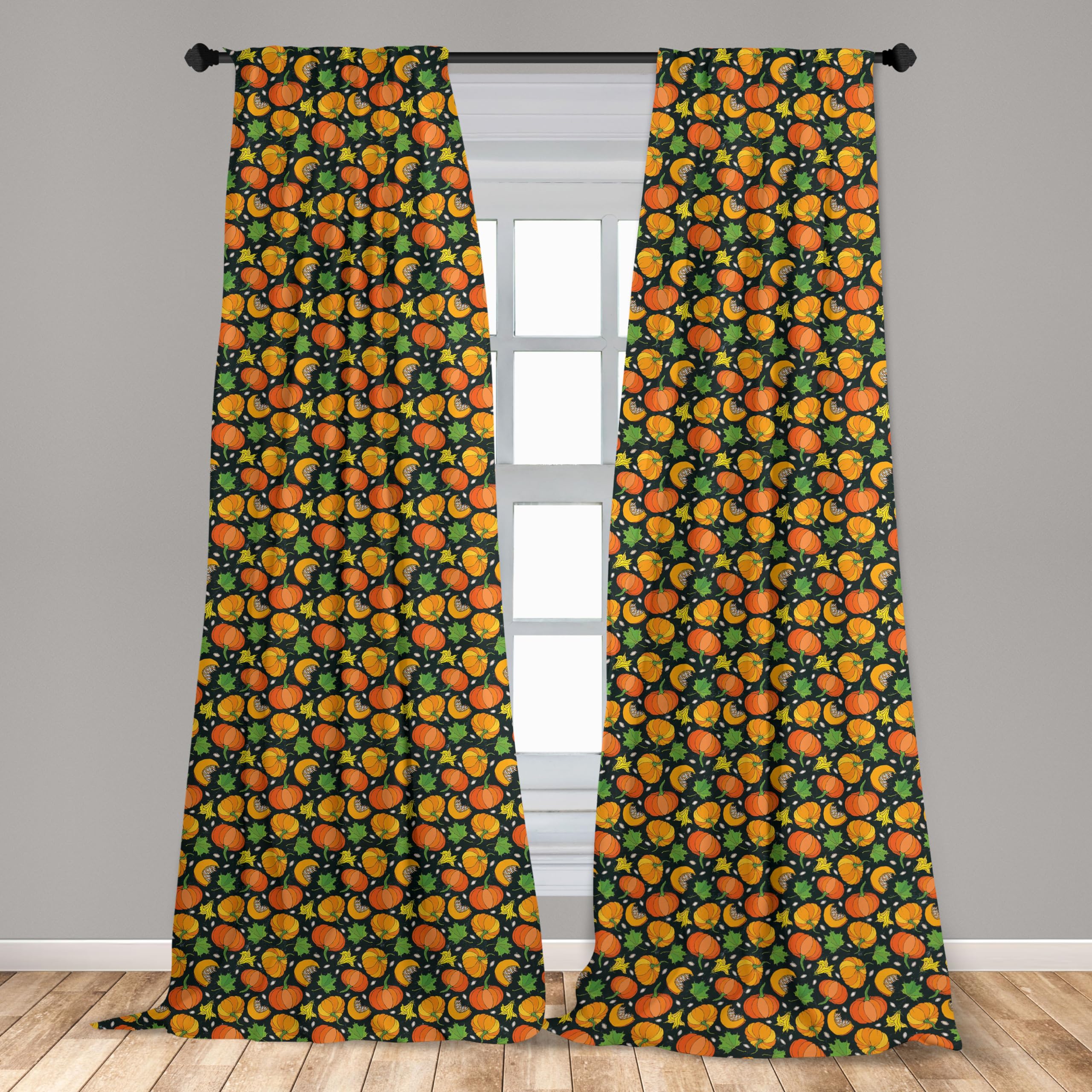 Ambesonne Autumn Curtains - Pumpkin Flower Leaf Halloween Harvest Season Repeating Pattern - 2 Panel Set (28