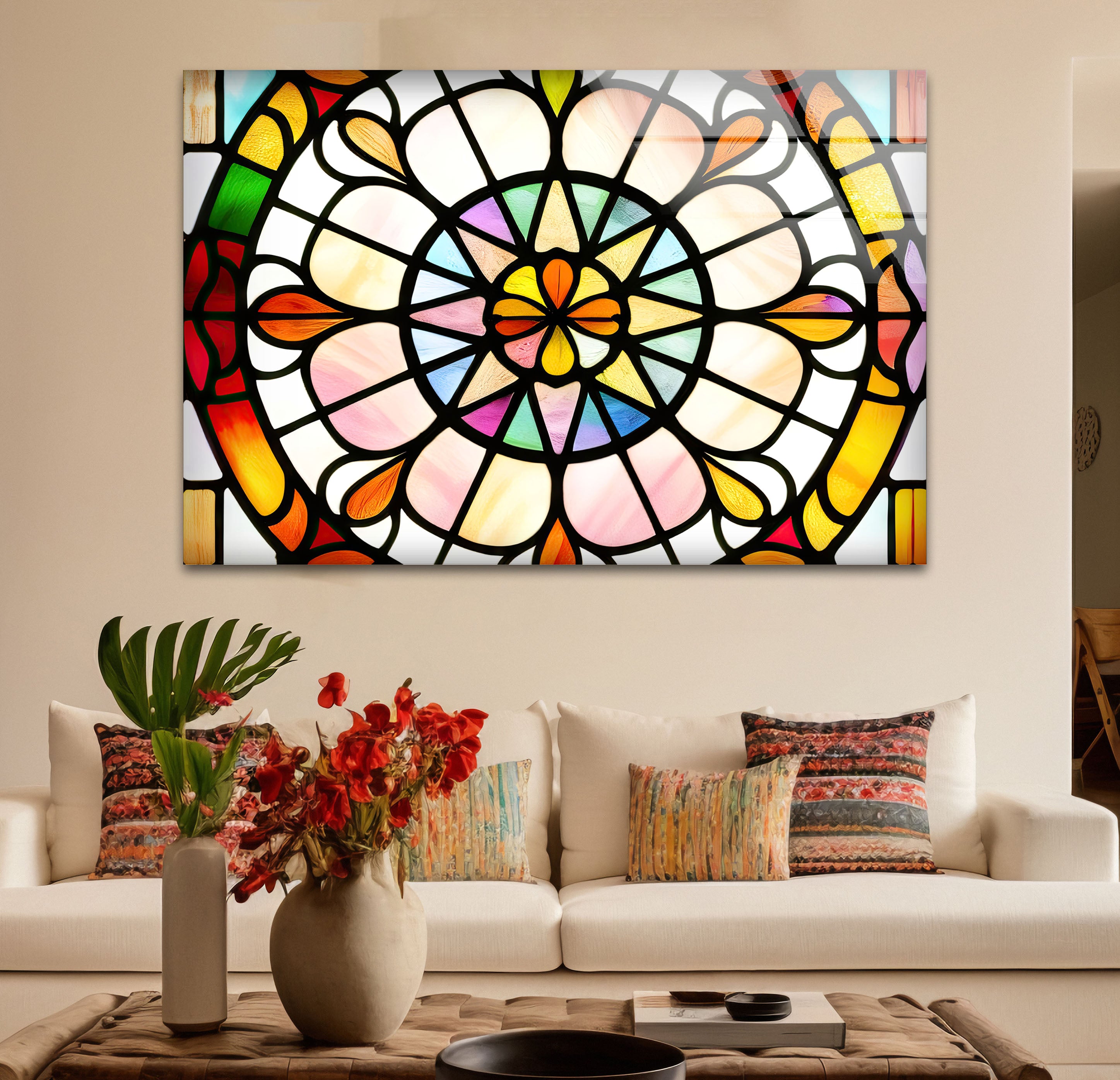 Vibrant Stained Glass Wall Art - Handcrafted Rose Window Design for Home Decor, Church & Wedding Venue