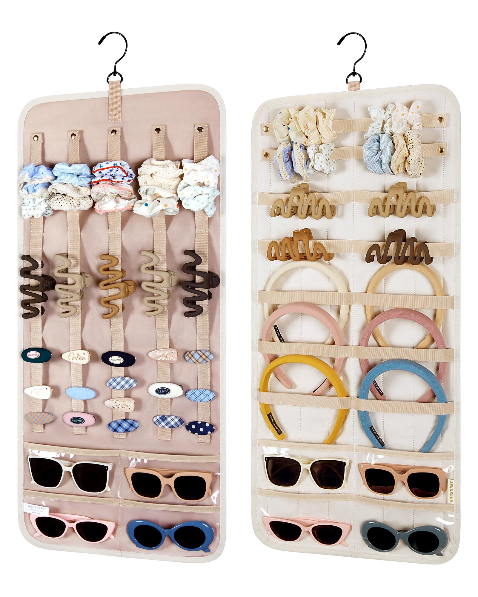 BAGSMART Double-Sided Hanging Jewelry Organizer - Large Light Beige Claw Clip Holder for Headbands, Sunglasses & Hair Accessories - Perfect for Closet, Wall or Door Storage (1 Piece) | Great for Bedroom, Bathroom & Travel Organization