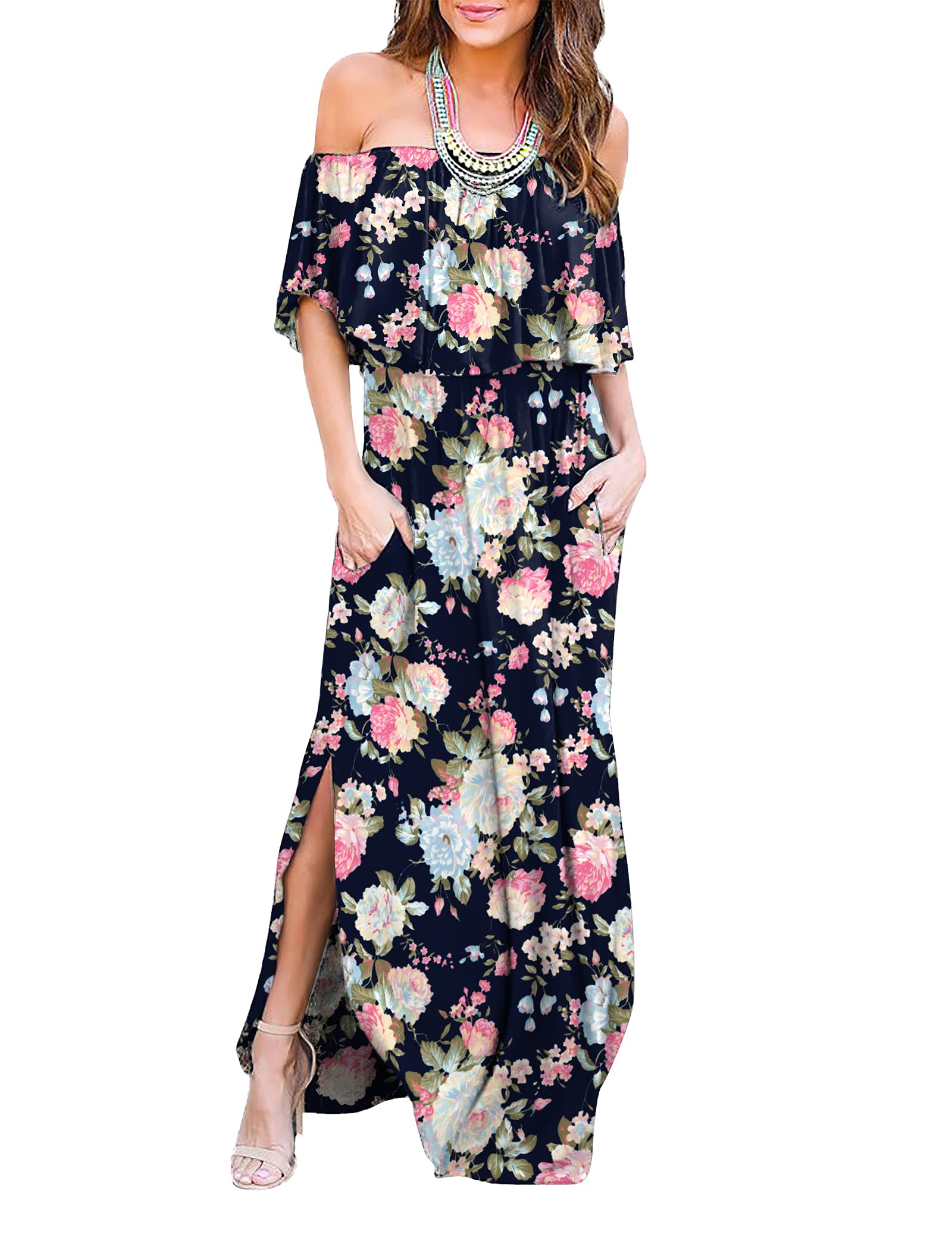 Women's Off The Shoulder Ruffle Party Dress with Side Slit - Flowy Beach Maxi Dress for Summer Weddings, Vacations & Night Out