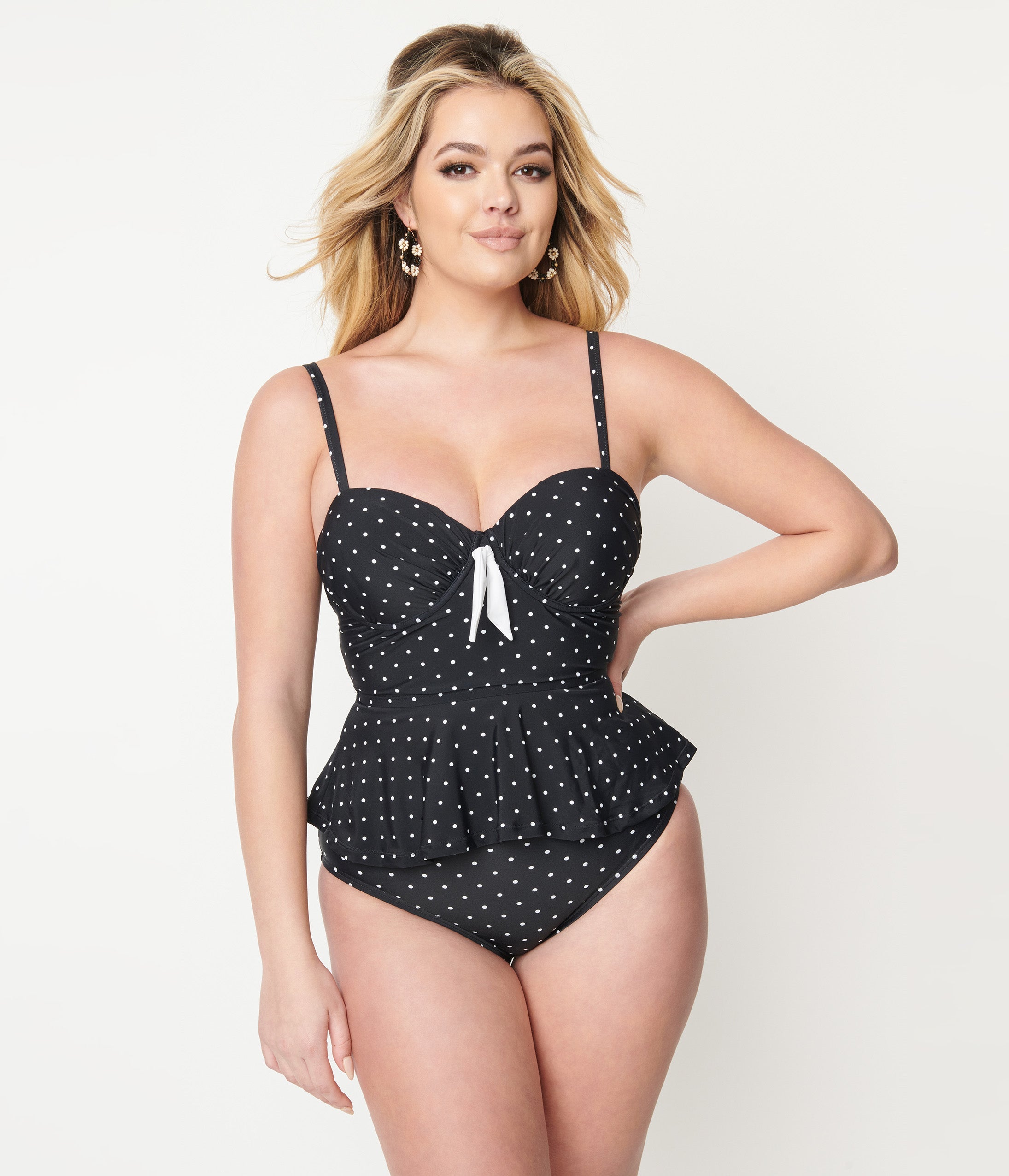 Vintage Black & White Polka Dot Peplum Tankini Swim Top - Retro Swimwear for Women, Perfect for Beach Vacations & Pool Parties