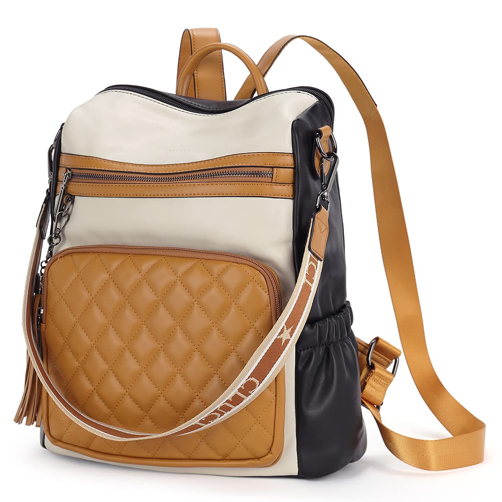 CLUCI Leather Backpack Purse for Women - Fashion Travel Shoulder Bag with Tassel (Yellow/White) for Work & Weekend
