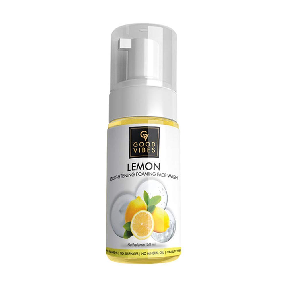 Good Vibes Lemon Brightening Foaming Face Wash - 150ml | Skin Nourishing & Detoxifying for Blackheads, Clogged Pores & Acne | Paraben-Free, Cruelty-Free | Refreshing Morning & Night Cleanser for Glowing Skin
