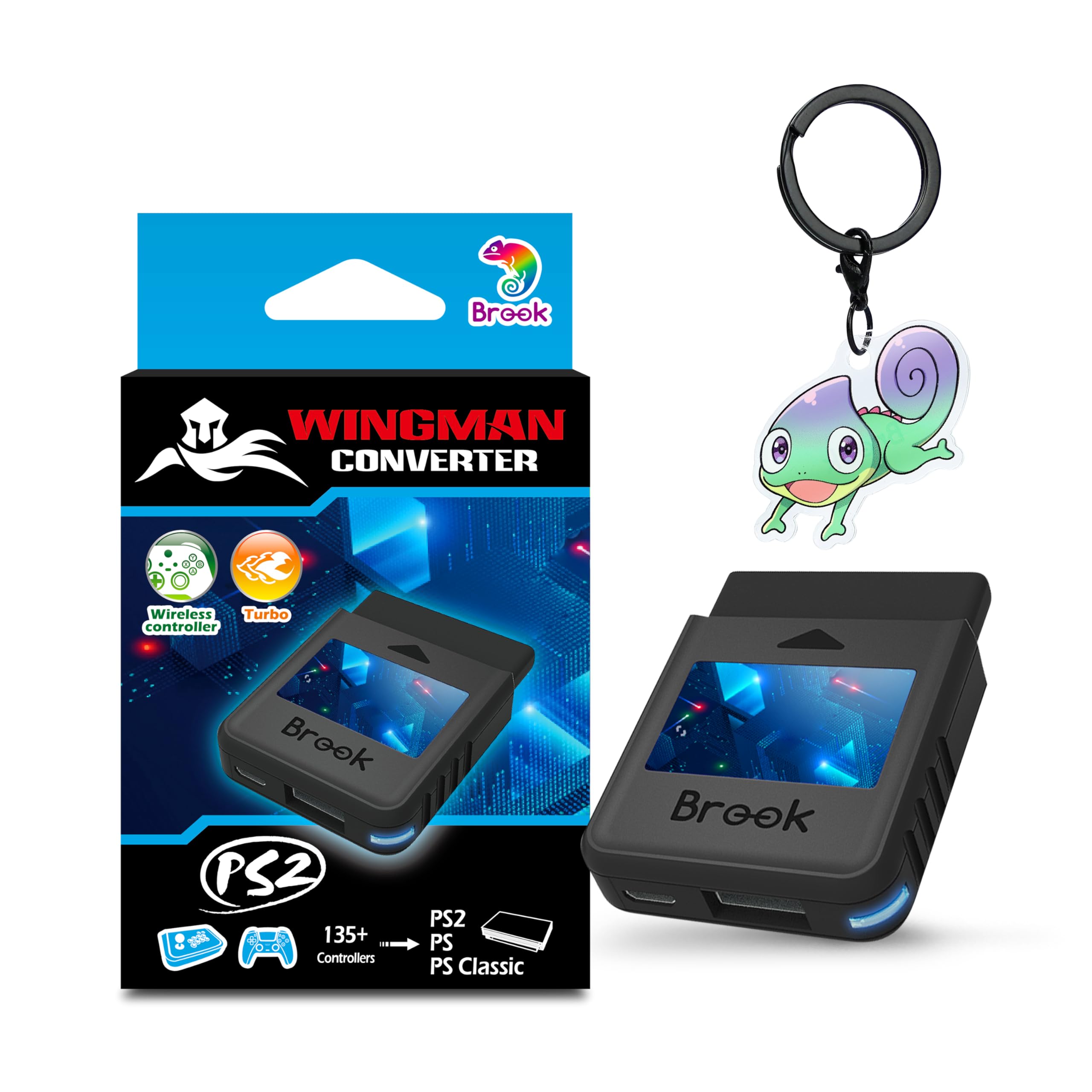 Brook Wingman PS2 Converter with Keychain - Retro Gaming Adapter for Xbox Series X|S, One, 360, Elite 1&2 & PlayStation 5/4/3, Switch Pro Controller on PS2/PS1/PS Classic - Exclusive Version | Perfect for Retro Gaming & Multi-Console Compatibility