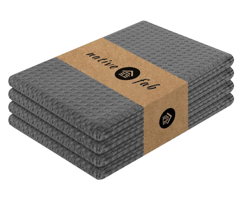 Premium Waffle Weave Kitchen Towels 16x26 Inches - 4-Pack Ultra Soft & Absorbent Cotton Dish Cloths for Cleaning, Drying Dishes & Countertops - Includes Hanging Loop - Perfect for Kitchen, Bar, Restaurant & Home Use (Grey)