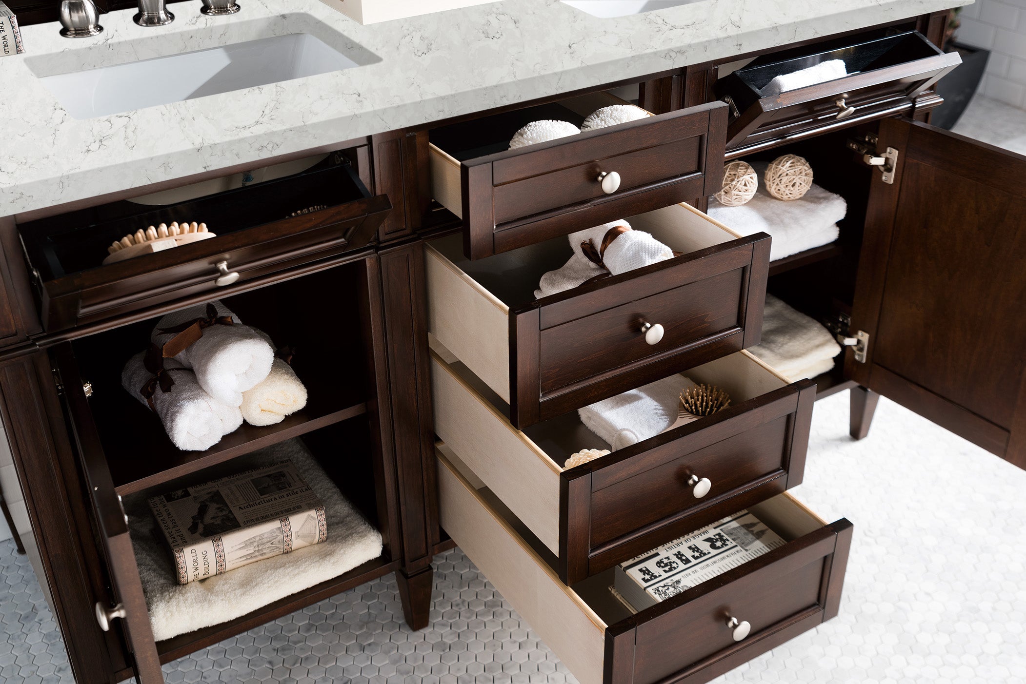 Brittany 60-Inch Burnished Mahogany Double Vanity with 3CM Eternal Jasmine Pearl Quartz Top - Luxury Bathroom Vanity Set for Master Bath & Guest Bath Remodel
