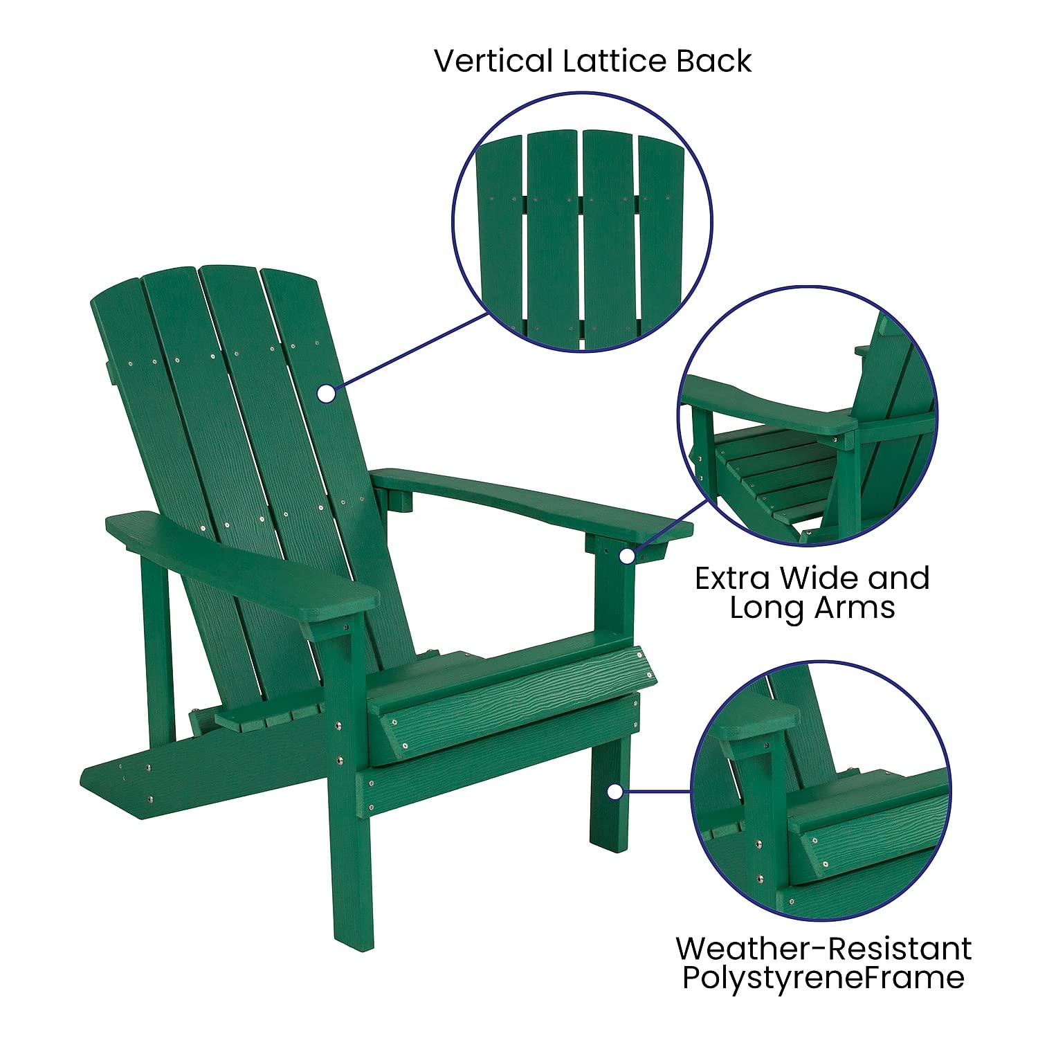 Flash Furniture Charlestown Commercial Grade Indoor/Outdoor Adirondack Chair - Weather Resistant Durable Poly Resin Deck & Patio Seating in Green - Perfect for Backyard, Garden, Poolside & Beach Relaxation