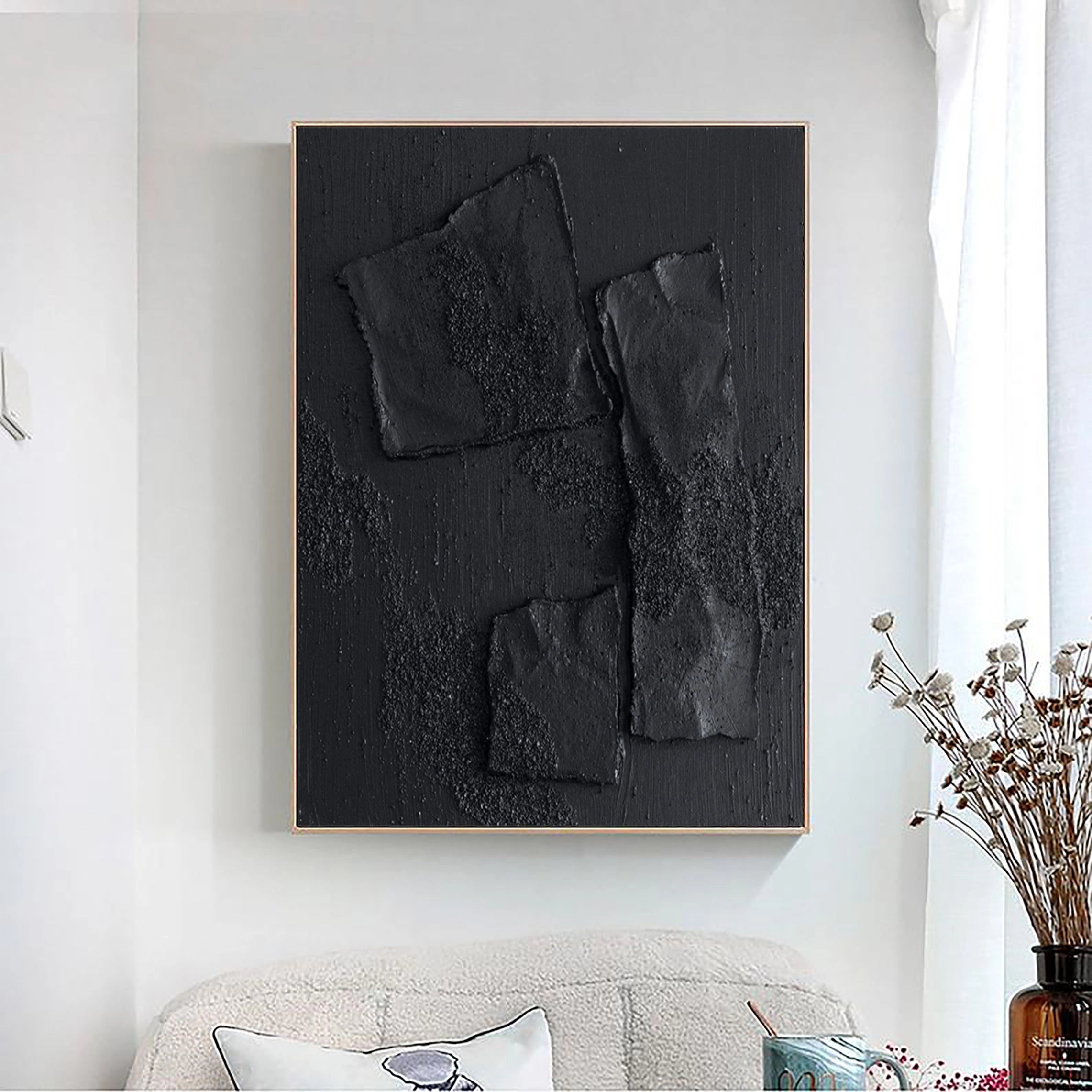 Black Plaster Art Minimalist Textured Painting - Modern Abstract Wall Decor for Living Room, Bedroom & Office | Vertical Canvas Art #MZ004