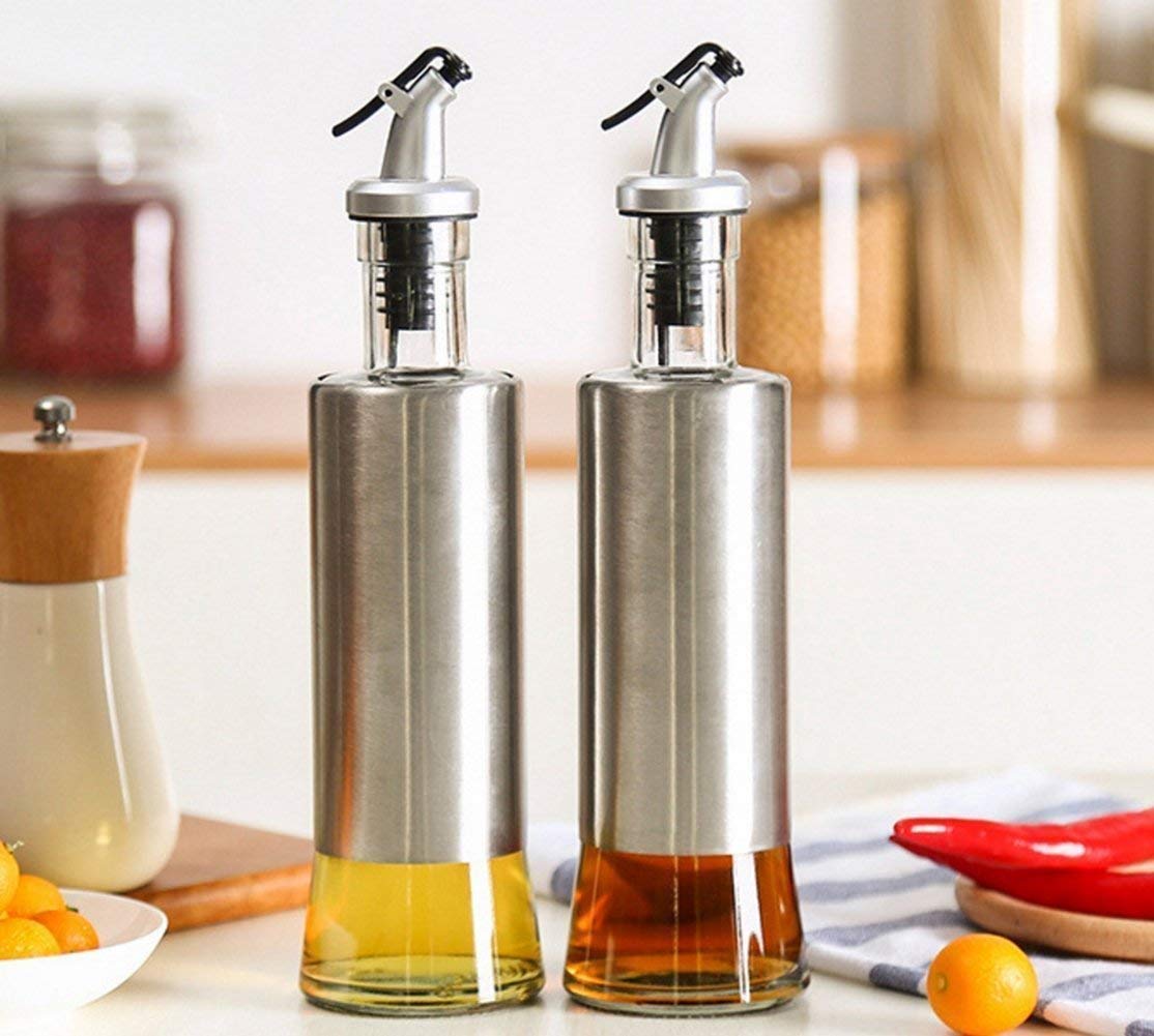 Premium Glass Oil and Vinegar Bottle Set with Stainless Steel Spout - 320ml Olive Oil Dispenser & Vinegar Cruet Set (26cm) - Perfect for Kitchen, Dining Table, and Gourmet Cooking
