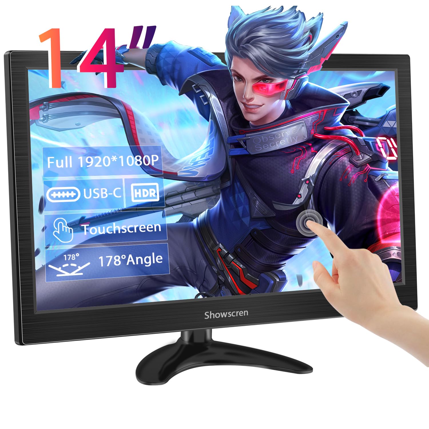 14 Inch Portable Touchscreen Monitor - FHD 1080P HDR Display, 100% sRGB, HDMI/USB-C Connectivity, Built-in Speakers & Adjustable Stand | Perfect for Remote Work, Gaming, and Mobile Office with PC/Laptop/Smartphone