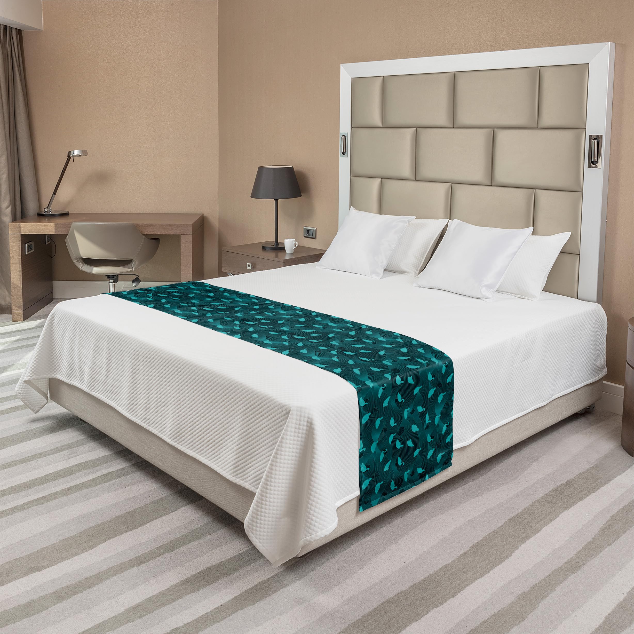 Ambesonne Turquoise Blue Bed Runner with Waterfowl Bird Silhouettes - Abstract Swirling Wave Design Decorative Bedding Scarf for Hotels, Homes & Guest Rooms - Perfect for Coastal, Bohemian or Nature-Themed Bedroom Decor