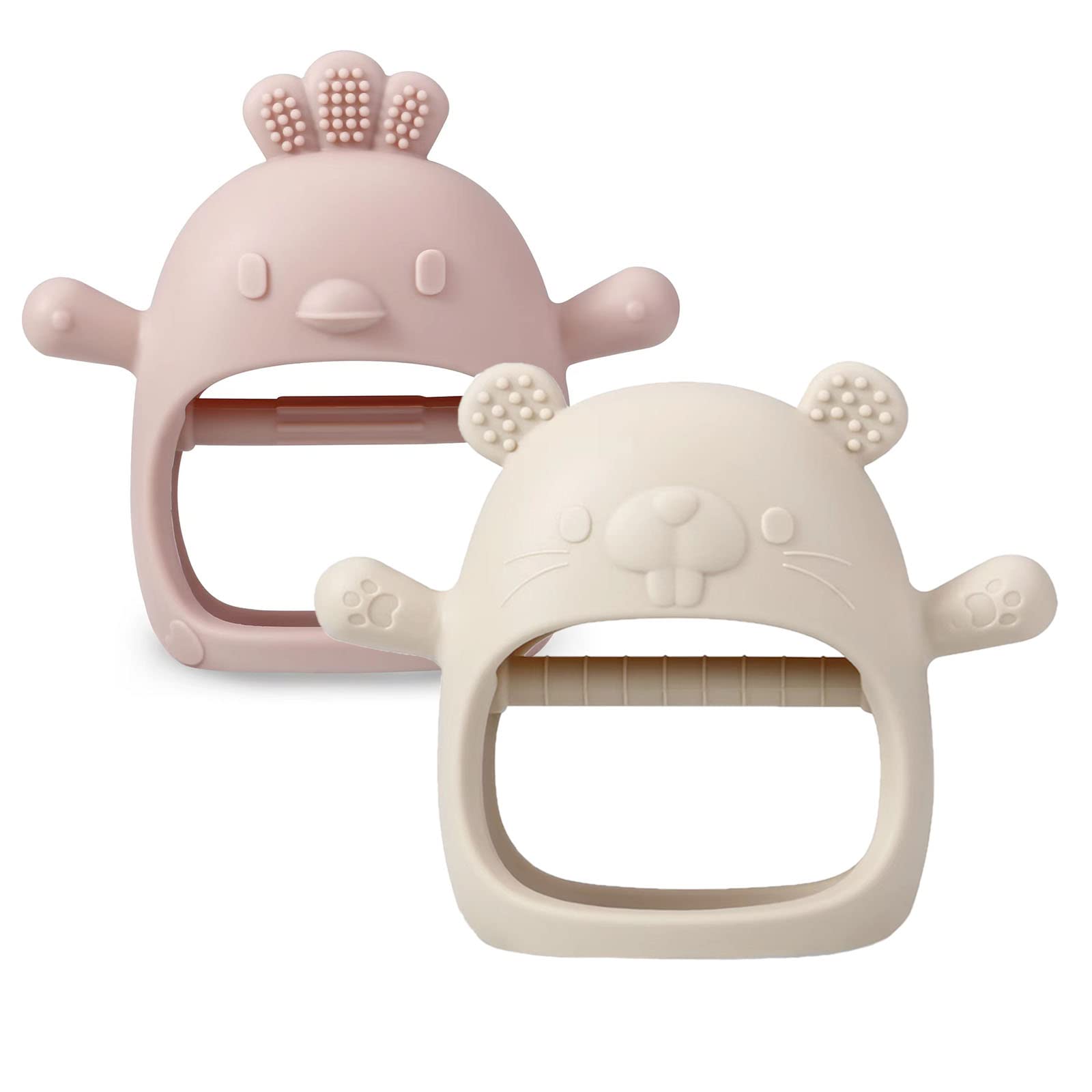 PandaEar 2 Pack Silicone Baby Teething Toys - Soft Chewable Mitten Teethers for Infants & Toddlers | Hand Pacifier for Teething Pain Relief & Self-Soothing | BPA-Free Teething Mittens (White/Pink) - Perfect for Home, Travel & Daycare Use