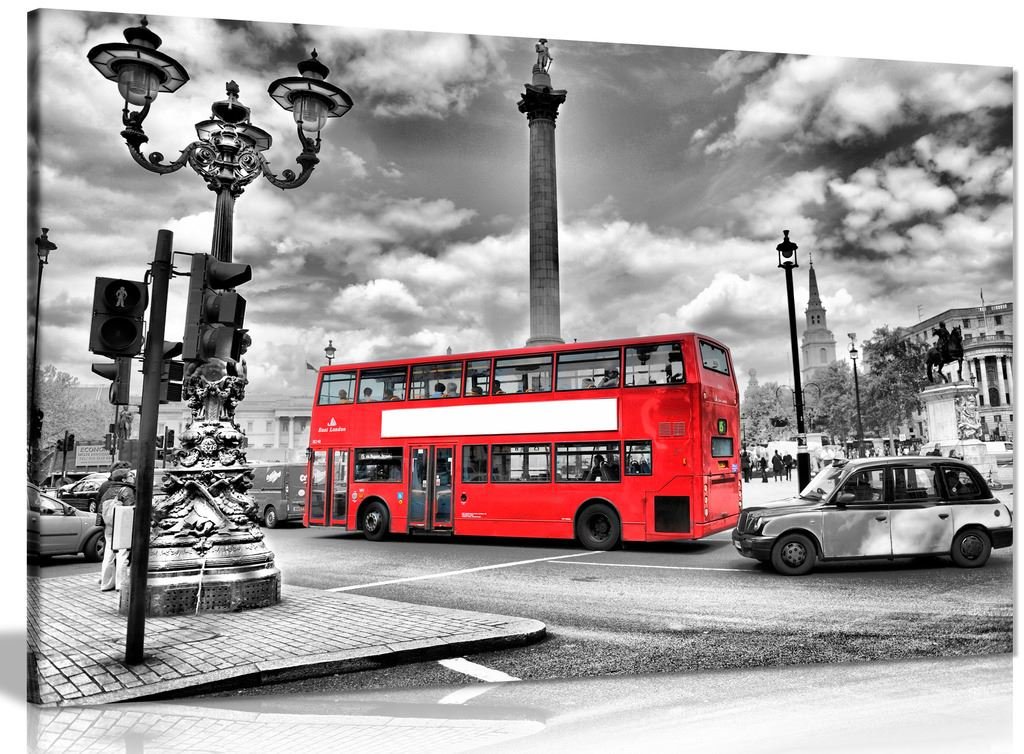 London Black & White Red Bus Canvas Wall Art Print - 30x20 Inches - Vintage UK Travel Decor for Living Room, Bedroom & Office