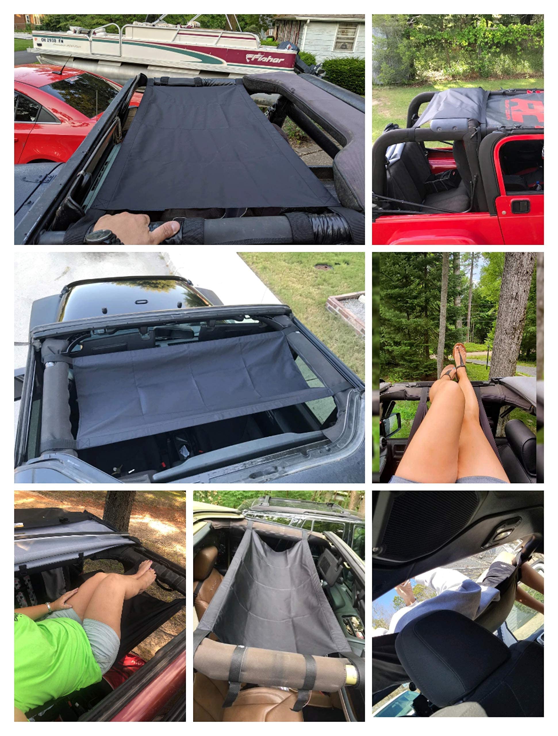 CheroCar Jeep Wrangler Sun Shade - Universal Bikini Top Roof Cover for 1987-2020 Models (YJ, TJ, LJ, JK, JKU, JL, JLU) & Gladiator JT 2020 - Black Car Accessories | Perfect for Summer Off-Roading & Beach Trips