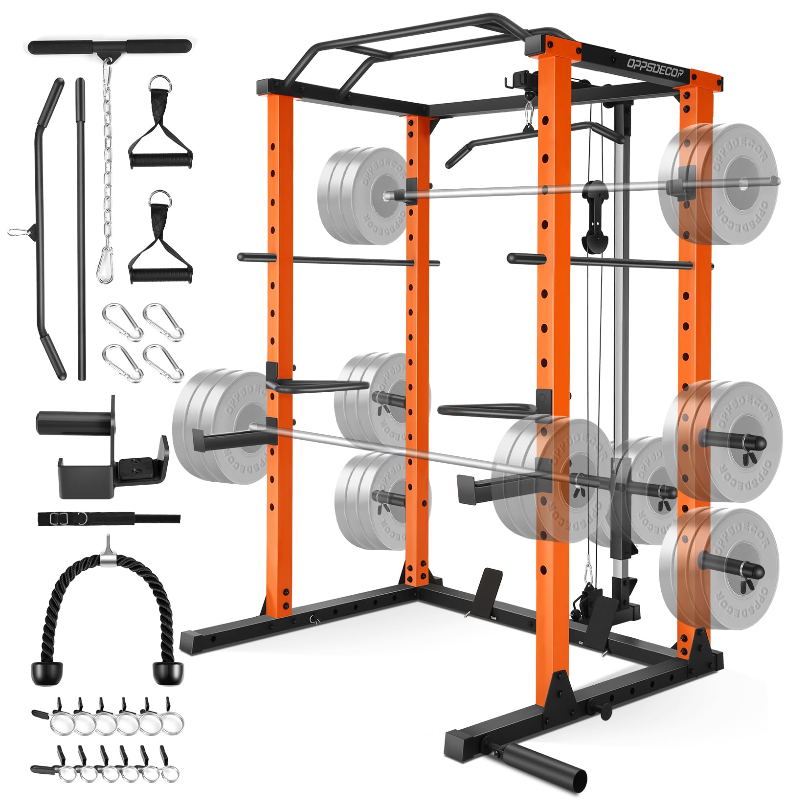 OPPSDECOR 1600lbs Power Cage with LAT Pull-Down & Adjustable Cable Pulley System - Multi-Functional Squat Rack for Home Gym | Strength Training Equipment for Weightlifting, CrossFit & Full-Body Workouts