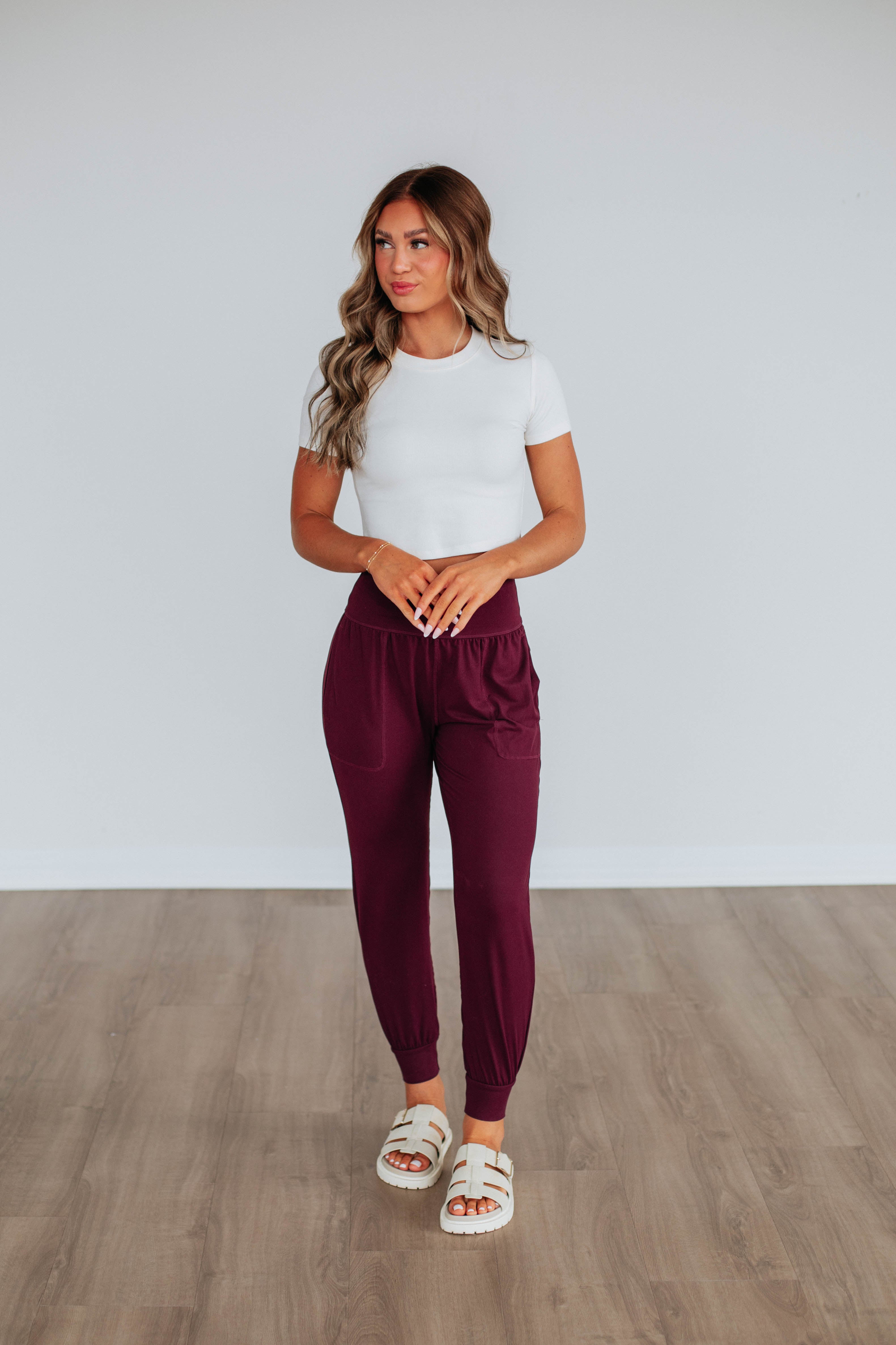 Cloud Nine Joggers for Women - Soft High Waisted Lounge Pants in Wine Red - Perfect for Yoga, Running & Relaxing at Home