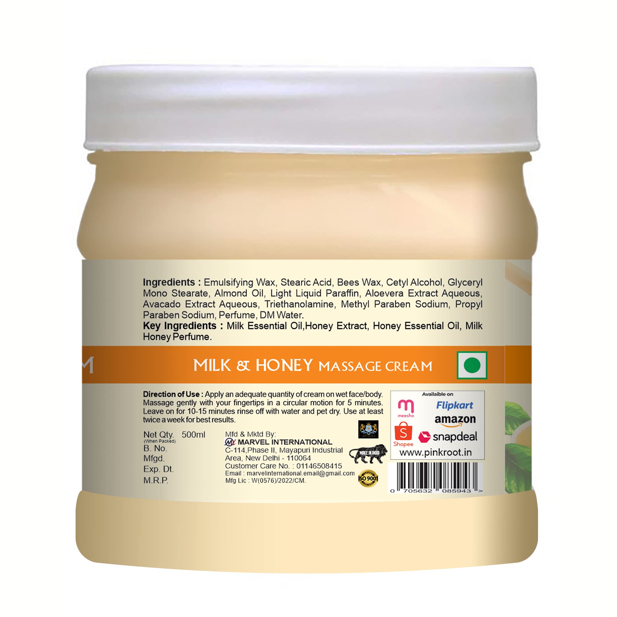 Pink Root Milk & Honey Massage Cream 500ml - Hydrating & Nourishing Body Lotion for Dry Skin - Perfect for Spa, Massage & Relaxation at Home