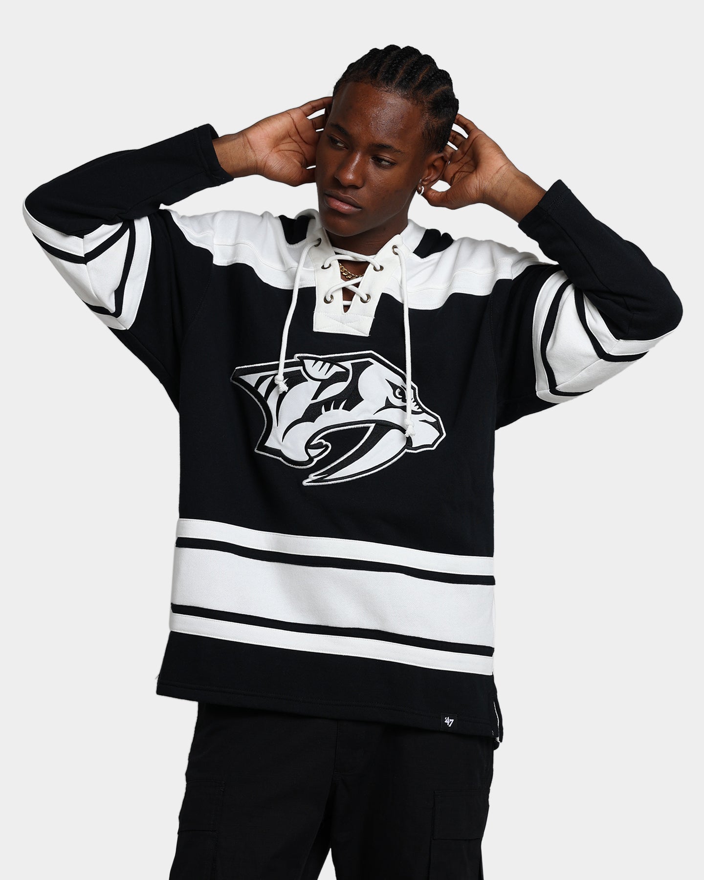 47 Brand Nashville Predators Superior Lacer Hoodie - Men's NHL Hockey Pullover Sweatshirt (Jet Black) - Perfect for Game Day, Tailgating & Casual Wear