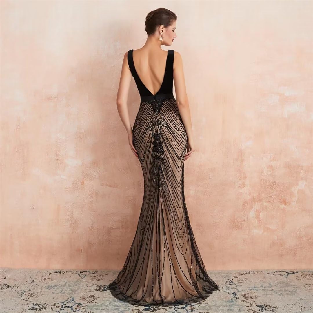 Elegant Women's Velvet Sequin V-Neck Mermaid Prom Dress - Sleeveless Evening Gown for Party, Wedding & Special Occasions