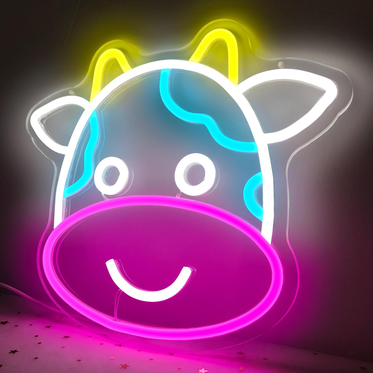 Cute Cow Neon LED Sign - Dimmable Wall Decor for Kids Room & Bedroom - USB Powered Animal Night Light Gift for Boys & Girls - Perfect for Birthday Parties, Nursery Decor, and Themed Room Lighting