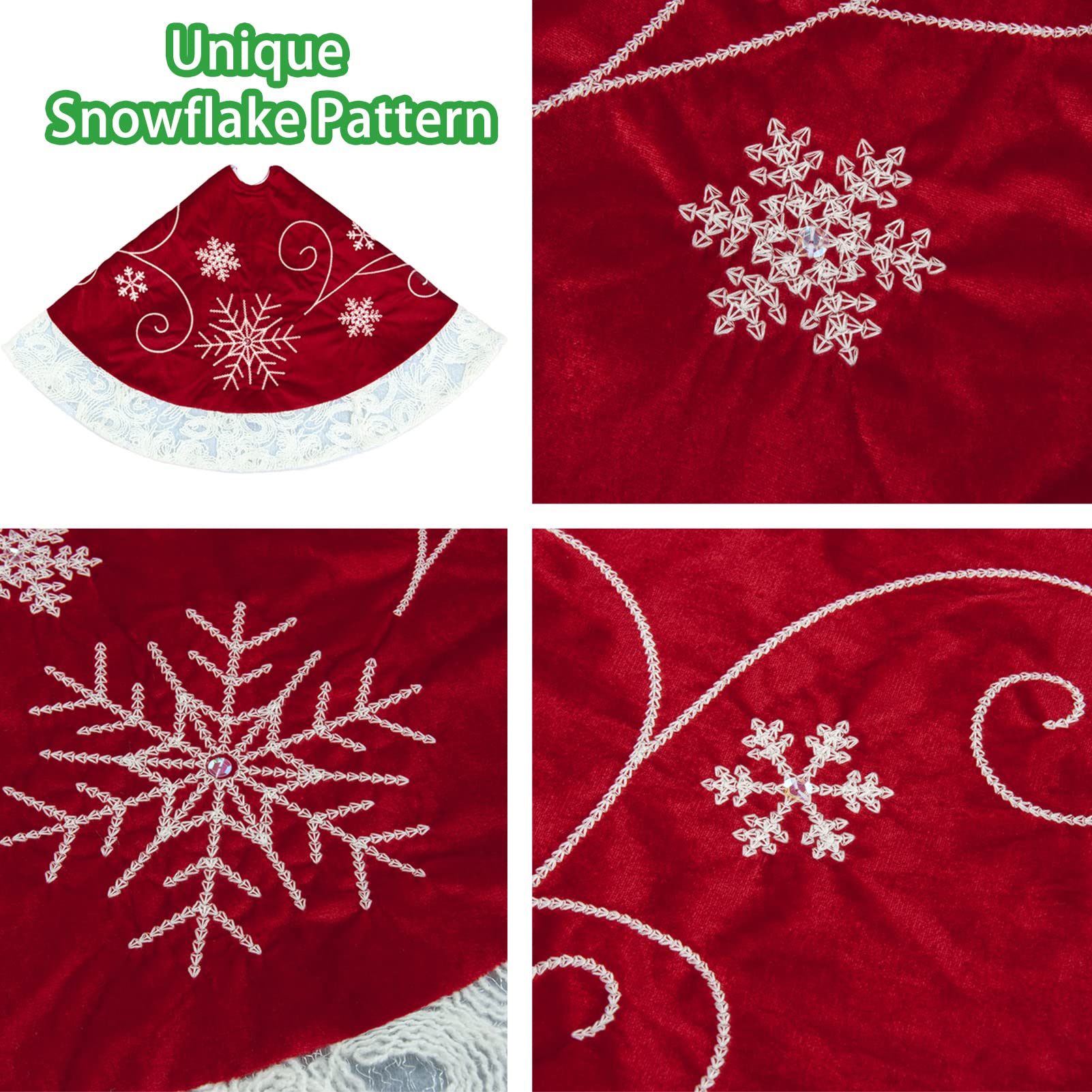 48 Inch Red Velvet Christmas Tree Skirt - Embroidered Snowflake Design with Elegant White Lace Trim | Perfect for Holiday Decor, Xmas Parties & Festive Home Styling