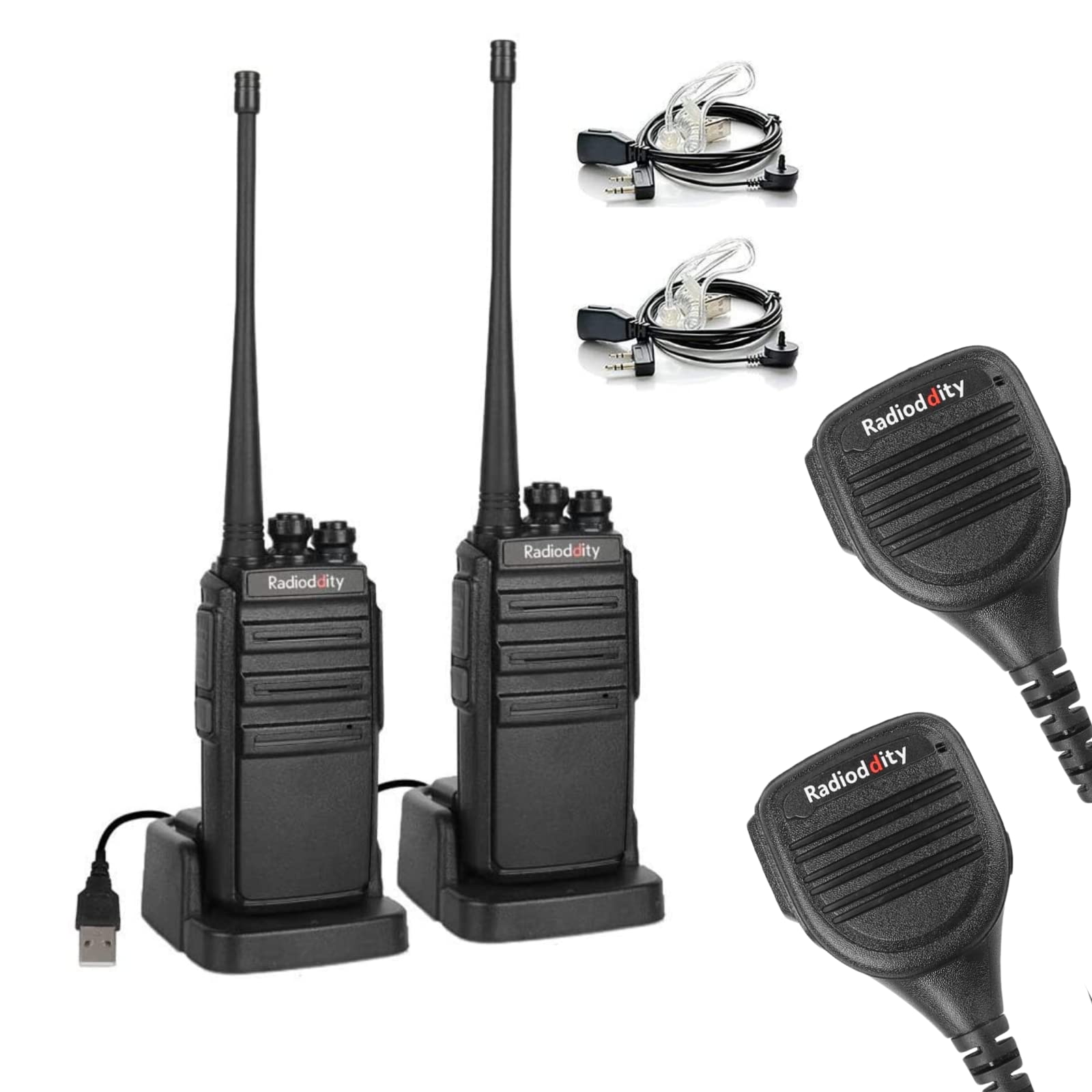 2 Pack Radioddity GA-2S Long Range Walkie Talkies for Adults - UHF Two Way Radios with Rechargeable Battery & Micro USB Charging + 2 Pack RD-203 Waterproof Speaker Mic (K Plug) - Ideal for Hiking, Camping, Construction Sites & Outdoor Adventures