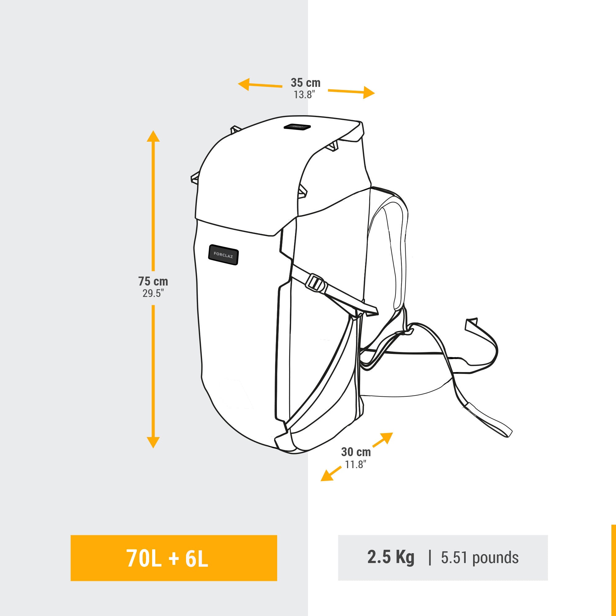 Forclaz Men's Travel 900 70+6L Hiking Backpack - Lightweight Waterproof Camping Backpack for Outdoor Adventures & Travel