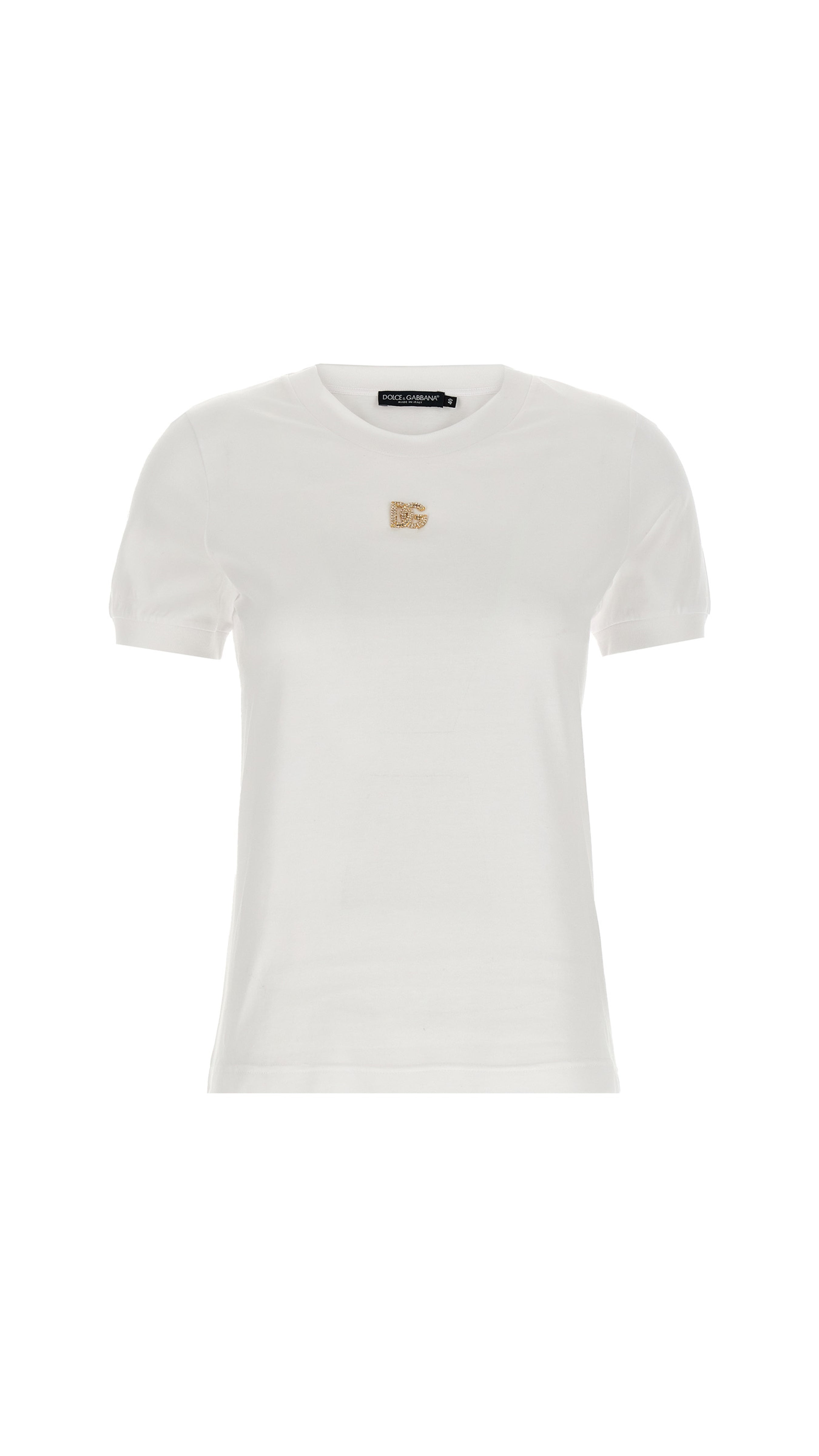Stylish White Jersey T-Shirt with Metal DG Pin Logo - Perfect for Casual Wear, Street Fashion & Everyday Outfits
