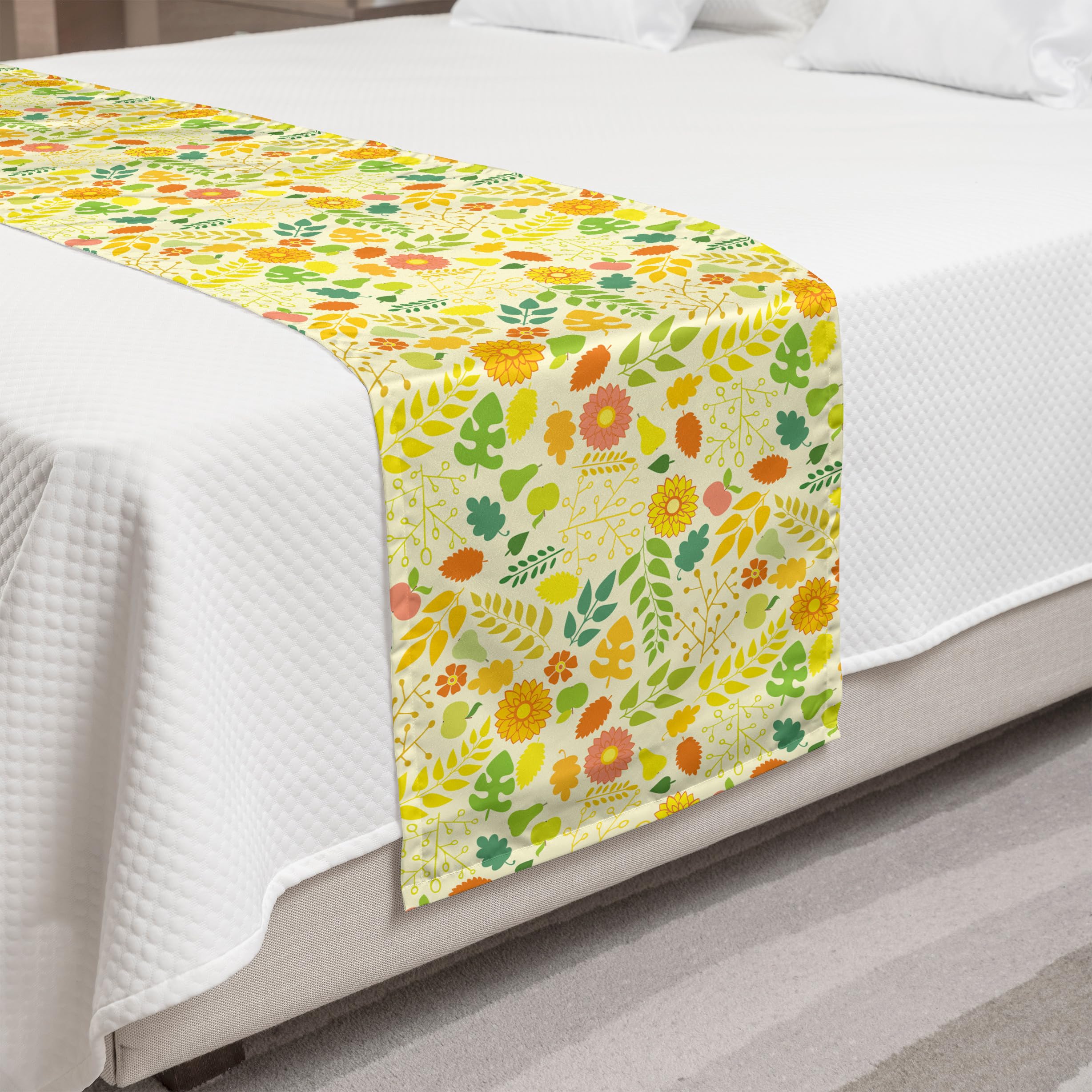 Ambesonne Autumn Bed Runner - Warm Tones Colorful Leaves Print Decorative Bed Scarf for Fall Home Decor | Perfect for Hotels, Guest Rooms & Seasonal Bedding | Apple Green & Cream