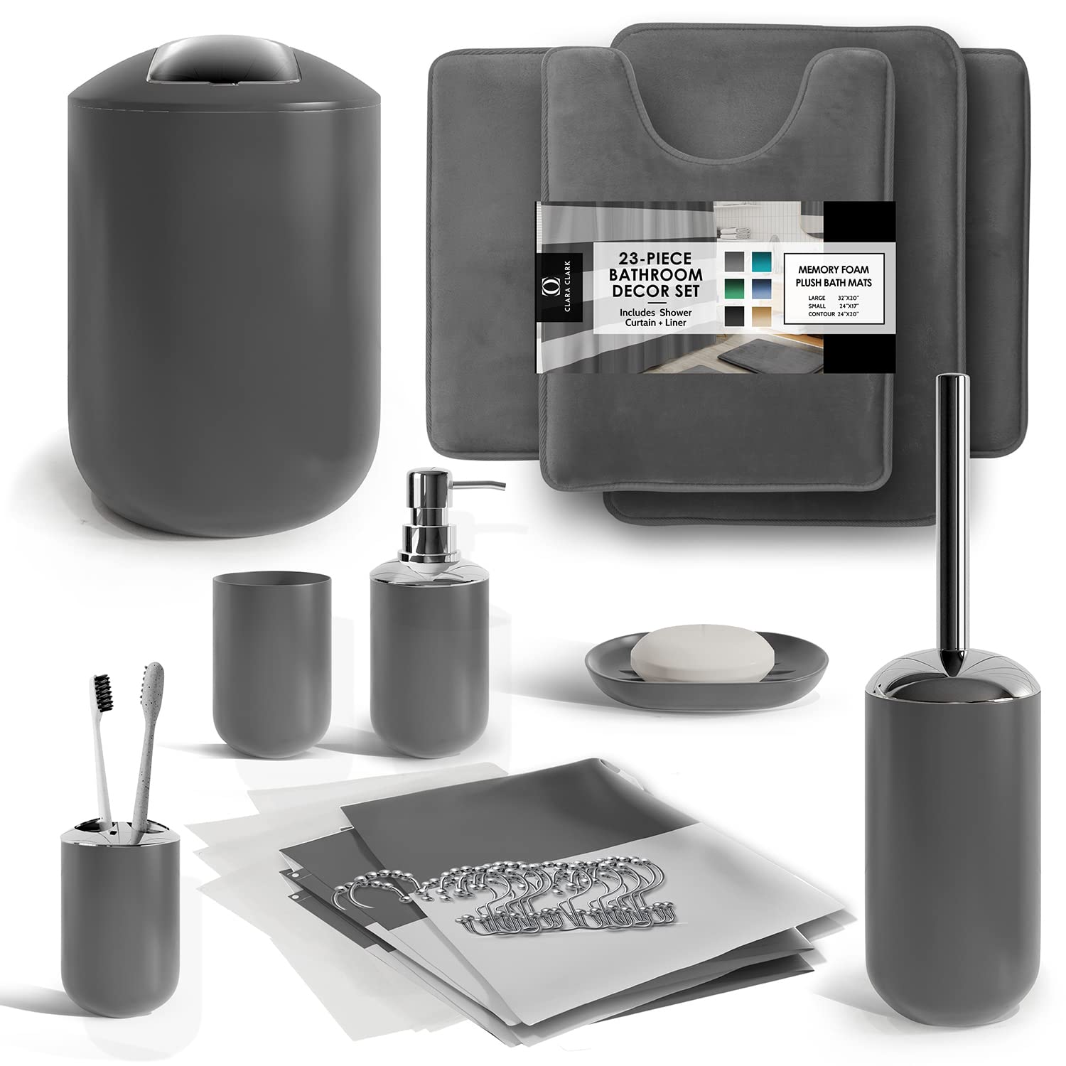 Clara Clark 23PC Gray Bathroom Set - Shower Curtain & Accessories for Modern Bathrooms
