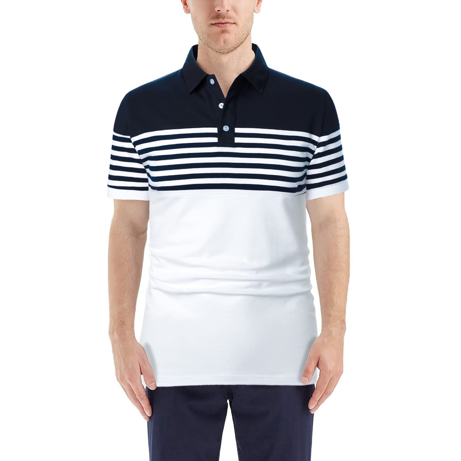 Men's Slim Fit Striped Polo Shirts - Long & Short Sleeve Casual Golf Shirts - Breathable Cotton T-Shirts for Summer - Perfect for Golf, Office & Outdoor Activities