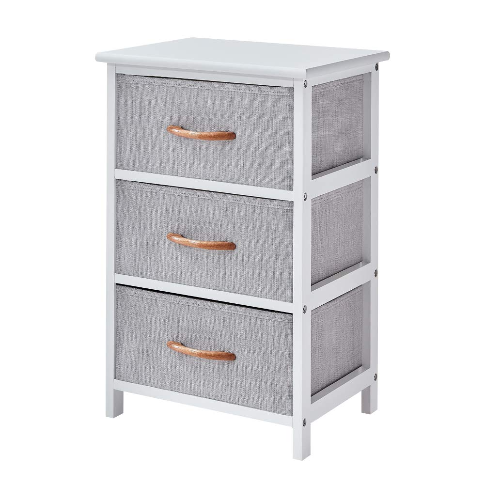 3 Drawer Dresser Storage Cabinet - White Wood Frame Nightstand with Fabric Drawers | Perfect for Bedroom, Living Room, and Office Organization