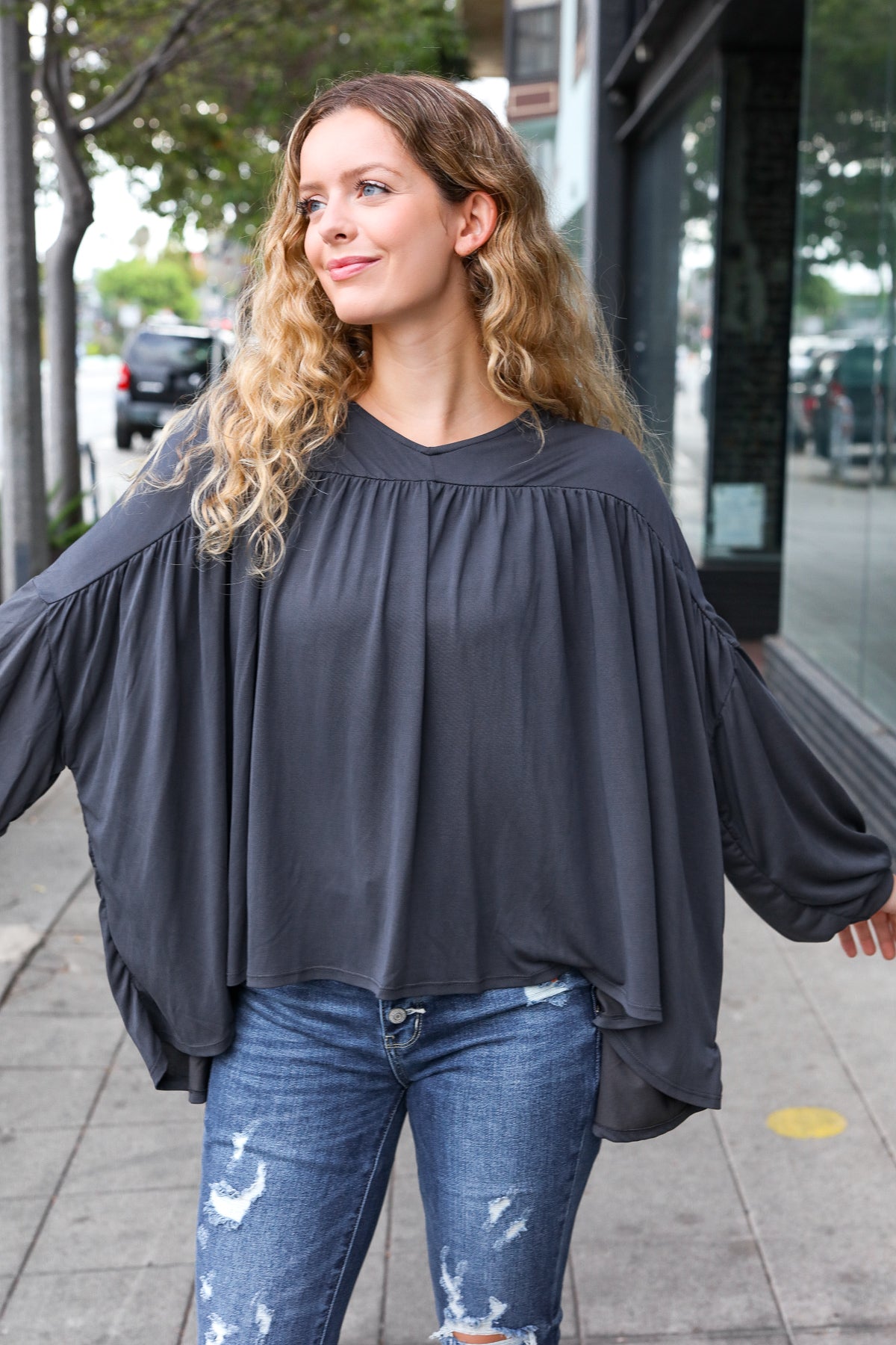 Stylish Charcoal V-Neck Modal Knit Top for Women - Comfortable & Breathable Casual Wear for Office, Date Night & Everyday Outfits