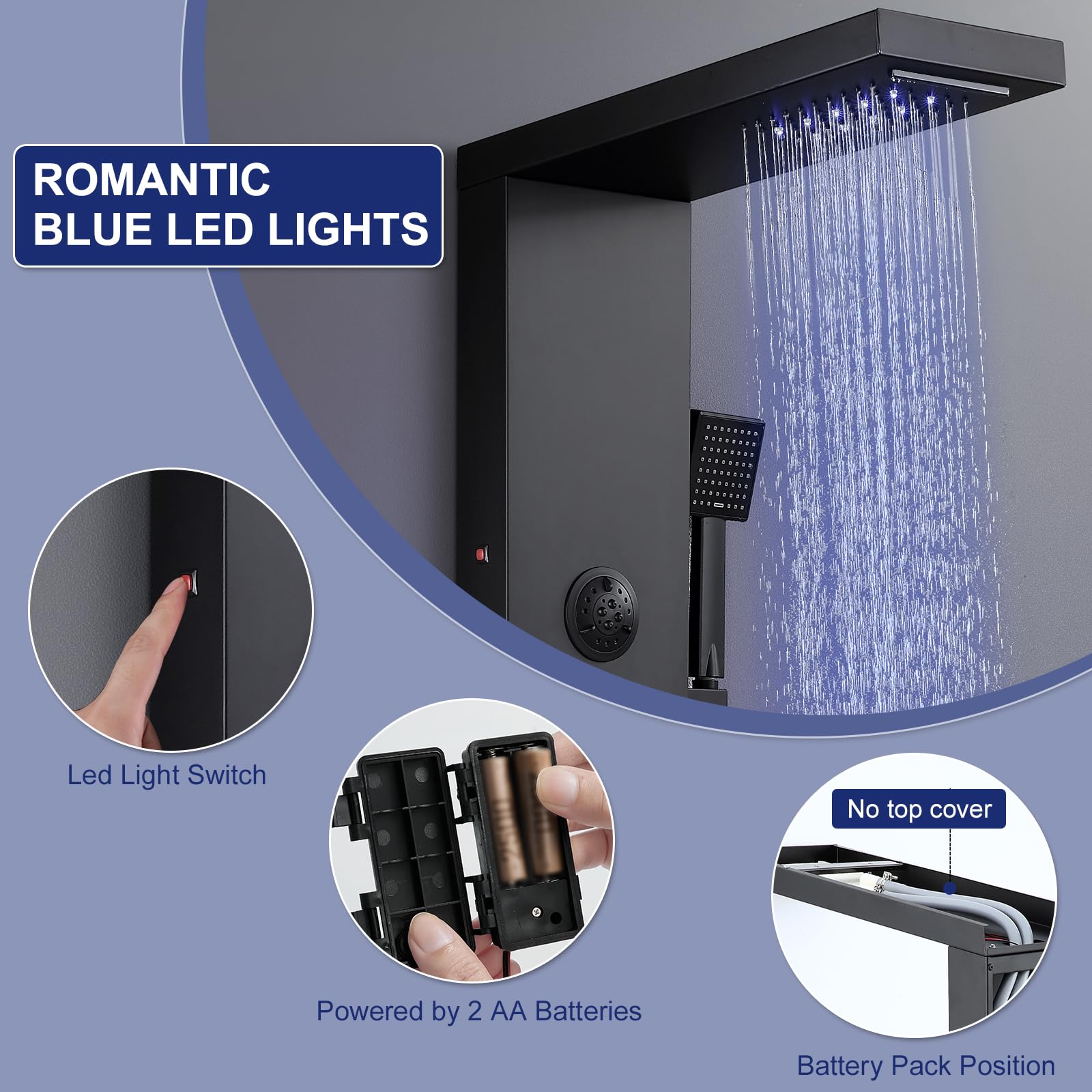 ROVATE 5-in-1 Matte Black LED Shower Panel Tower System with Rainfall Shower Head, High Pressure Waterfall Jets, Handheld Spray & Tub Spout - Luxury Stainless Steel Shower System for Spa-Like Bathroom Experience
