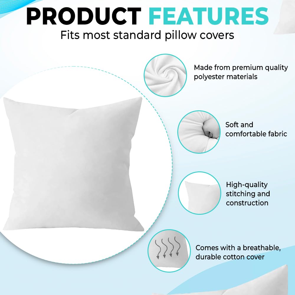 18x18 Inch Down Alternative Throw Pillow Inserts - Pack of 2 White Decorative Pillow Filler for Sofa, Bed & Living Room - Soft Couch Cushions for Home Decor & Comfort