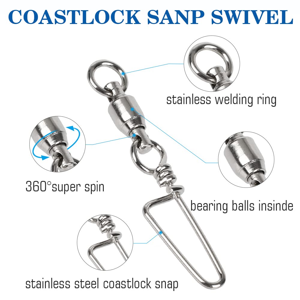 AMYSPORTS High Strength Fishing Snap Swivels - Ball Bearing Swivels with Stainless Steel Construction & Saltwater Corrosion Resistance - Barrel Swivel for Freshwater, Saltwater Fishing - Perfect for Lure Rigging, Trolling & Offshore Angling