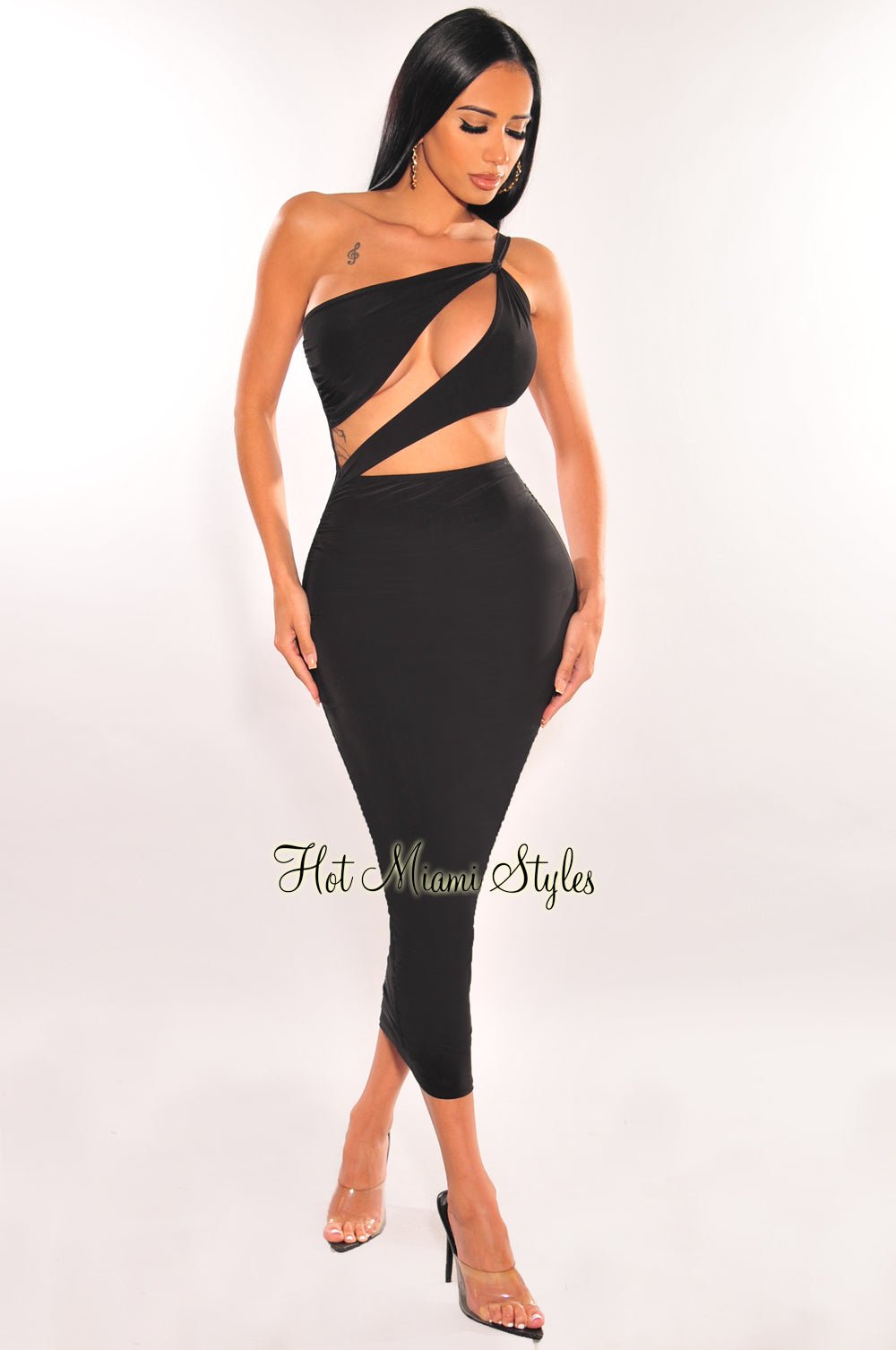 Elegant Black One Shoulder Cut Out Ruched Bodycon Dress for Women - Perfect for Cocktail Parties, Date Nights & Evening Events