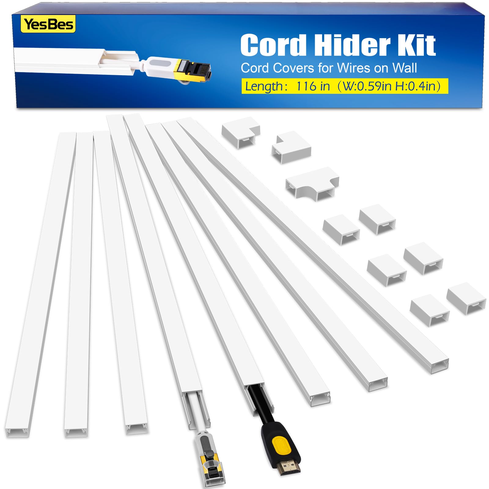 116in Cord Hider Kit - Paintable Cable Raceway for Wall Mount TV, Wire Covers for Cords (0.59in x 0.4in, White) - Hide Unsightly Wires in Living Room, Office & Home Theater
