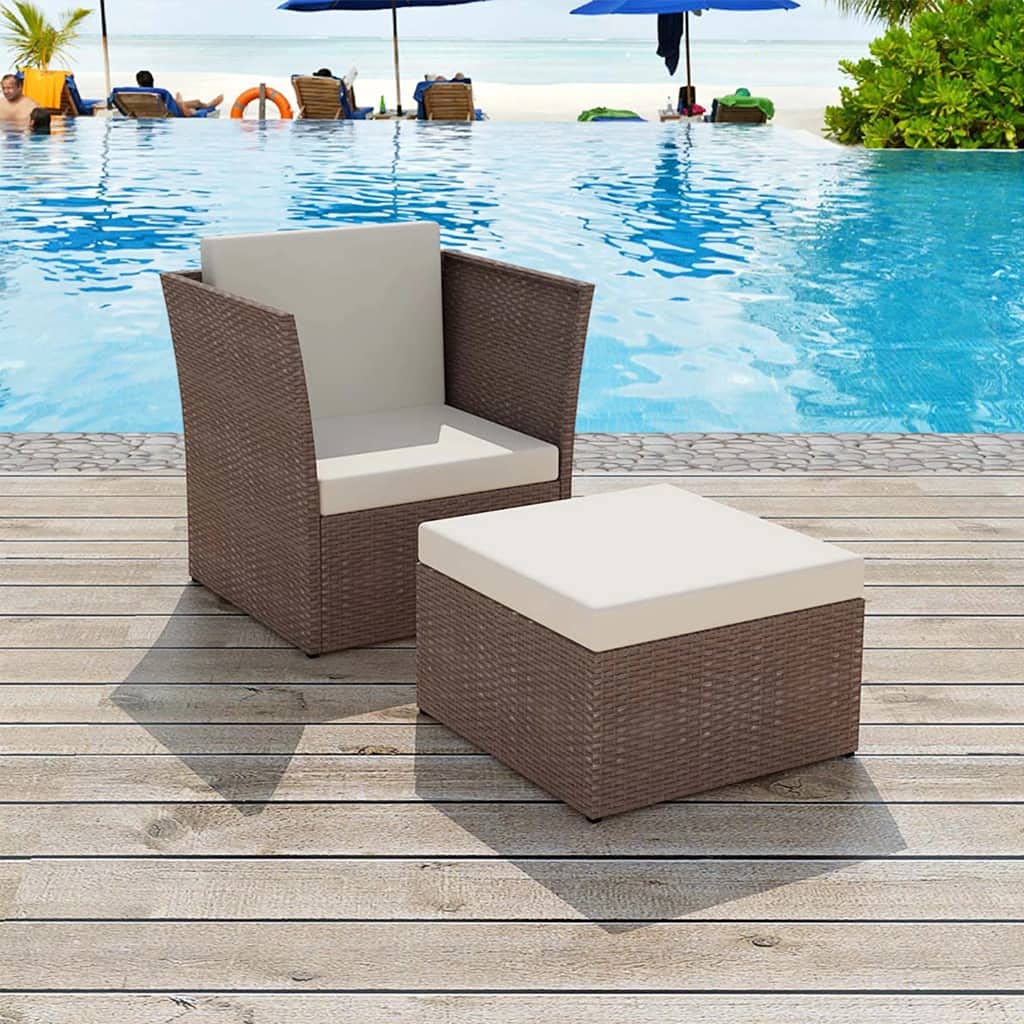 Wooden Sun Lounger with Cushions & Footstool - Brown Poly Rattan Reclining Chair for Patio, Porch, Deck, Lawn - Perfect for Tanning, Relaxing & Outdoor Lounging