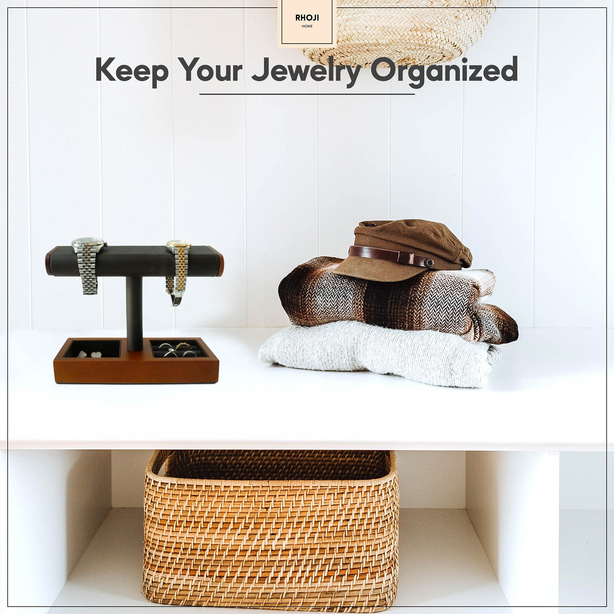 Premium Solid Ashwood Watch Stand with Jewelry Organizer - Multi-Functional Display Holder for Watches, Bracelets, Rings & Necklaces - Elegant Countertop Jewelry Storage Solution for Bedroom, Bathroom or Dresser Decor