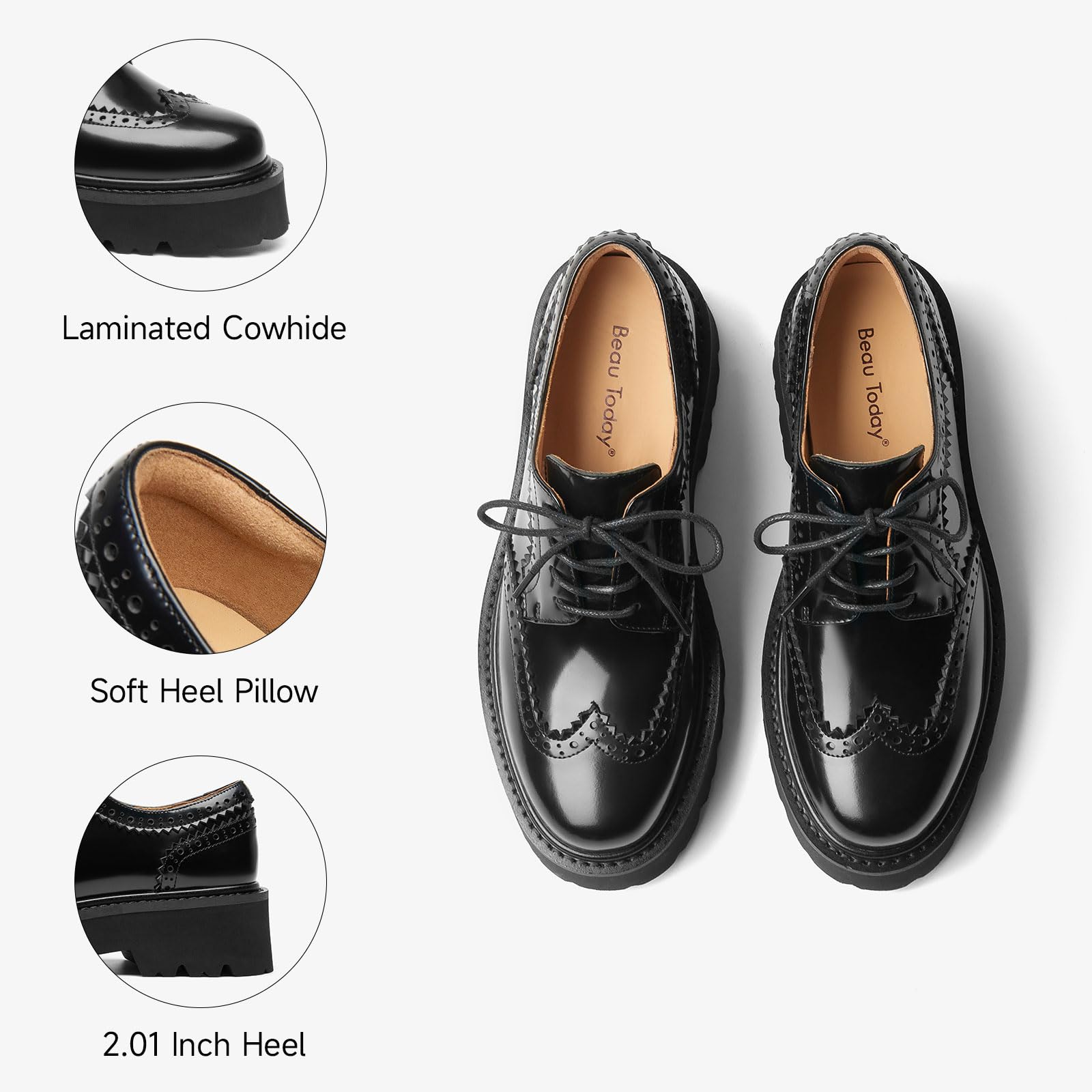 BEAU TODAY Women's Platform Oxford Shoes - Chunky Leather Lace-Up Comfortable Dress Shoes for Business, Office & Casual Wear | Perfect for Work, Daily Commute & Professional Outfits