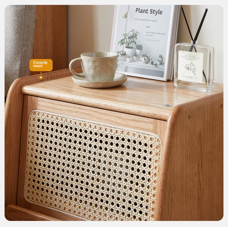 Solid Oak Wood Nightstand with Rattan Accents - Stylish Bedside Table for Bedroom Decor, Living Room, or Guest Room