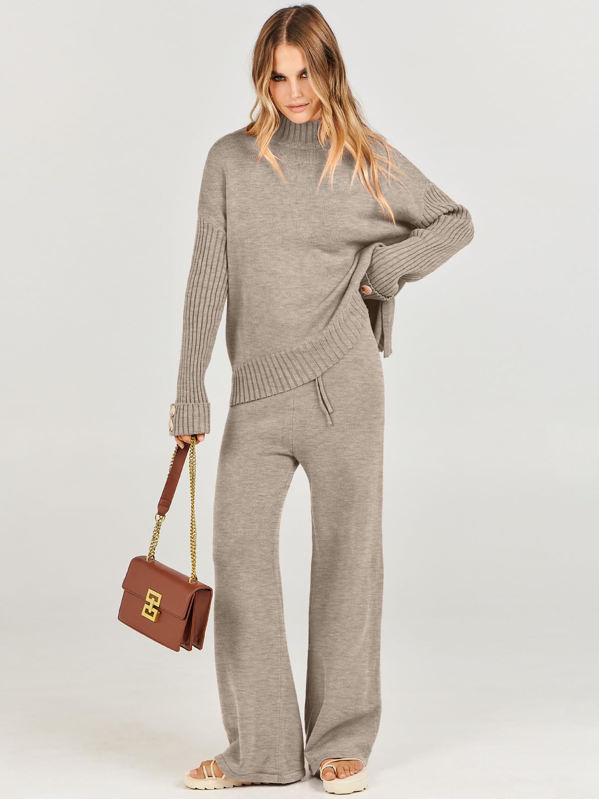 Caracilia Women's 2-Piece Sweater Set - Knit Pullover & Wide Leg Pants Lounge Matching Outfit | 2024 Fall Fashion Travel Clothes | Cozy Homewear, Office Casual & Vacation Outfits
