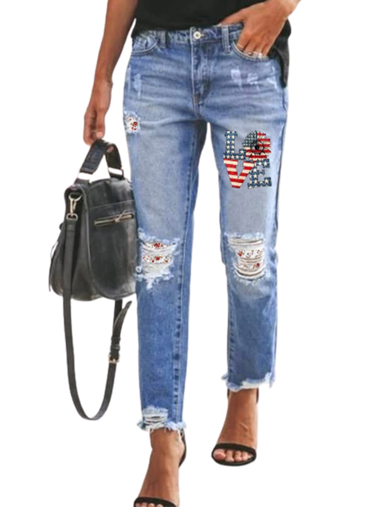 EVALESS Women's Ripped Boyfriend Jeans - Distressed Skinny Denim Pants with Plaid Patch Design | Casual Streetwear, Night Out, Date Night Outfits