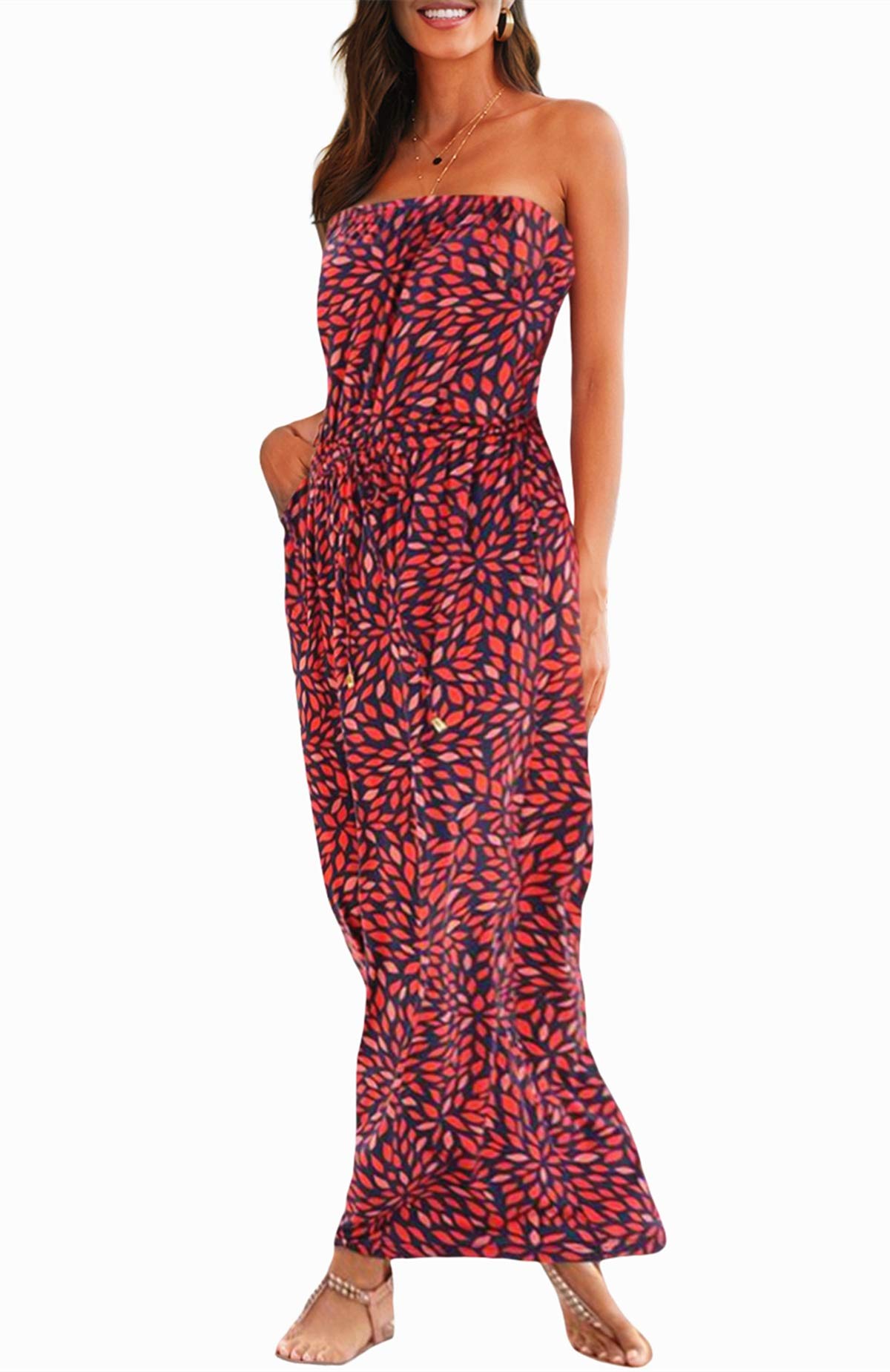 Happy Sailed Women's Strapless Floral Print Bohemian Beach Dress - Casual Off Shoulder Long Maxi Dress with Pockets | Perfect for Summer Vacations, Beach Parties & Boho Fashion