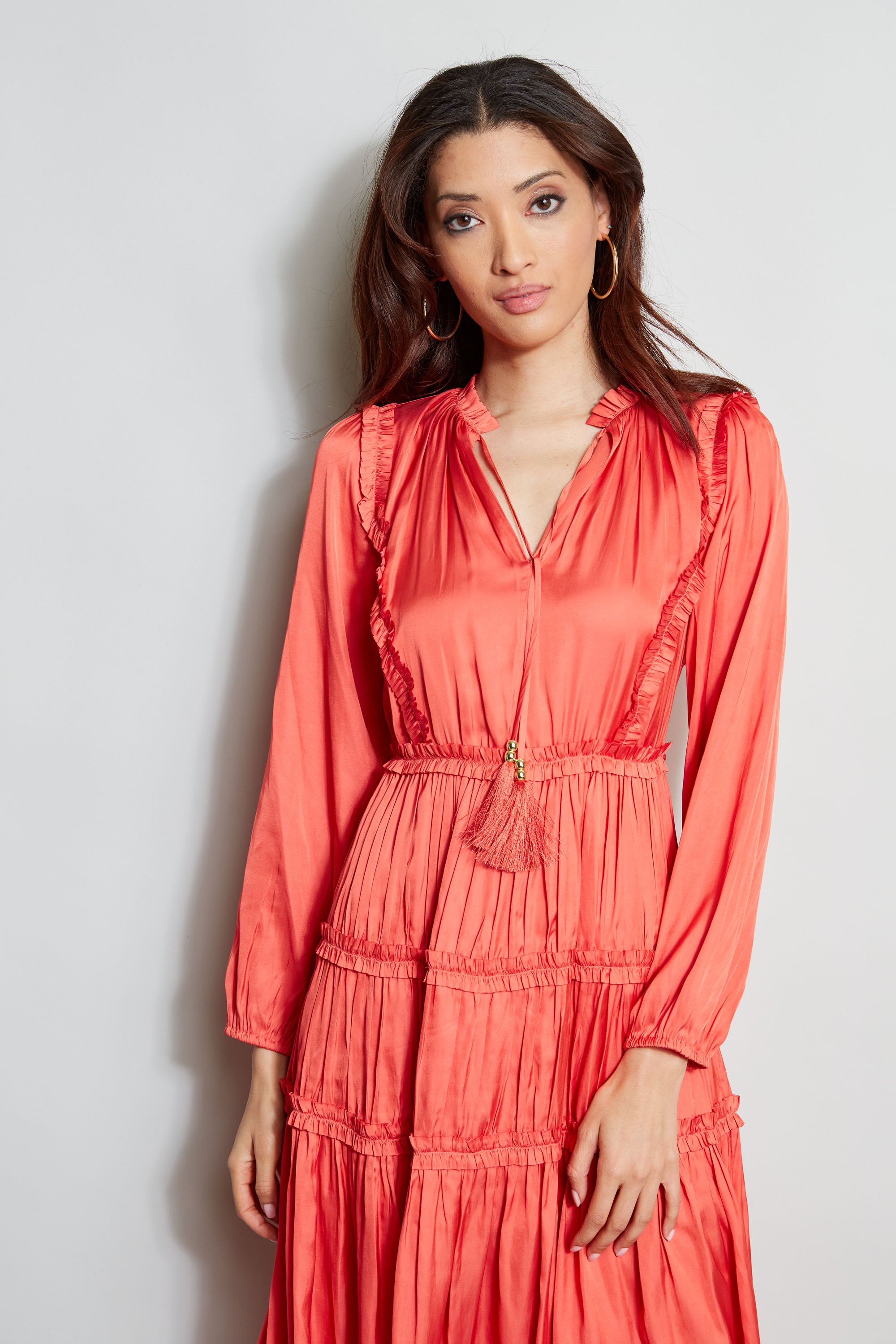 Elegant Long Sleeve Ruffle Midi Dress for Women - Flowy Boho Chic Party & Wedding Guest Dress