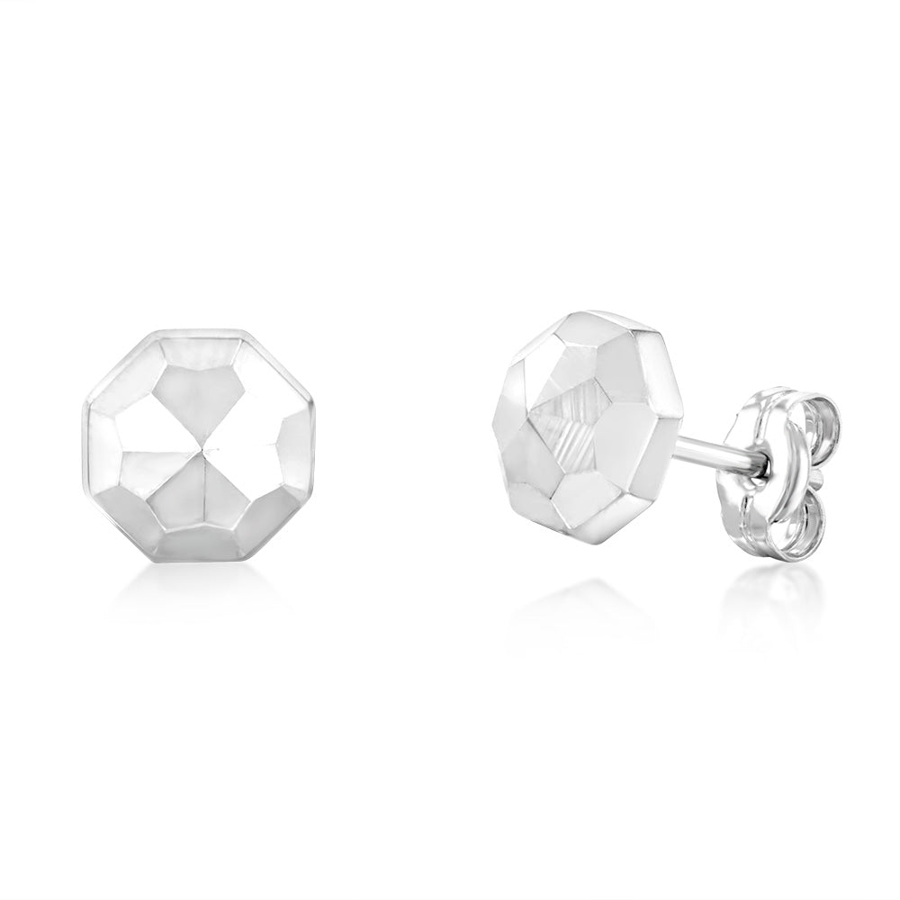 9ct White Gold 7mm Diamond Cut Octagonal Stud Earrings for Women - Elegant Cubic Zirconia Stud Earrings for Daily Wear, Party & Gift Giving